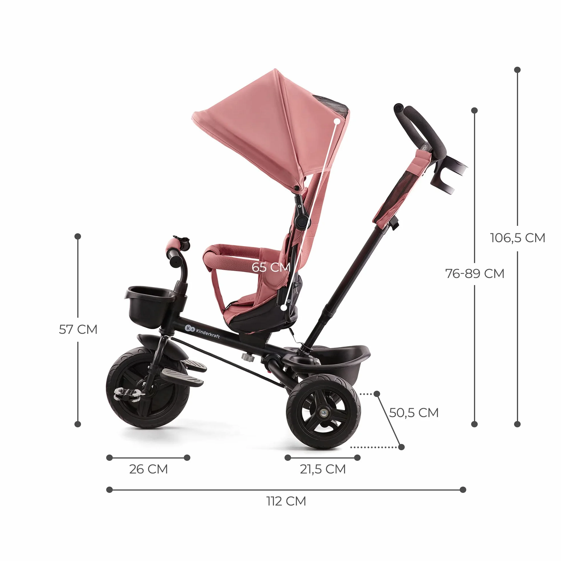 Kinderkraft Aveo Bebé, Plegable, Trike, Bicicleta para Niños, Triciclo Evolutivo, Sin Pedales, Bicicleta Bebe, con Accesorios Práctico, Dos Cestas, 9 Meses a 25 kg, Rosa