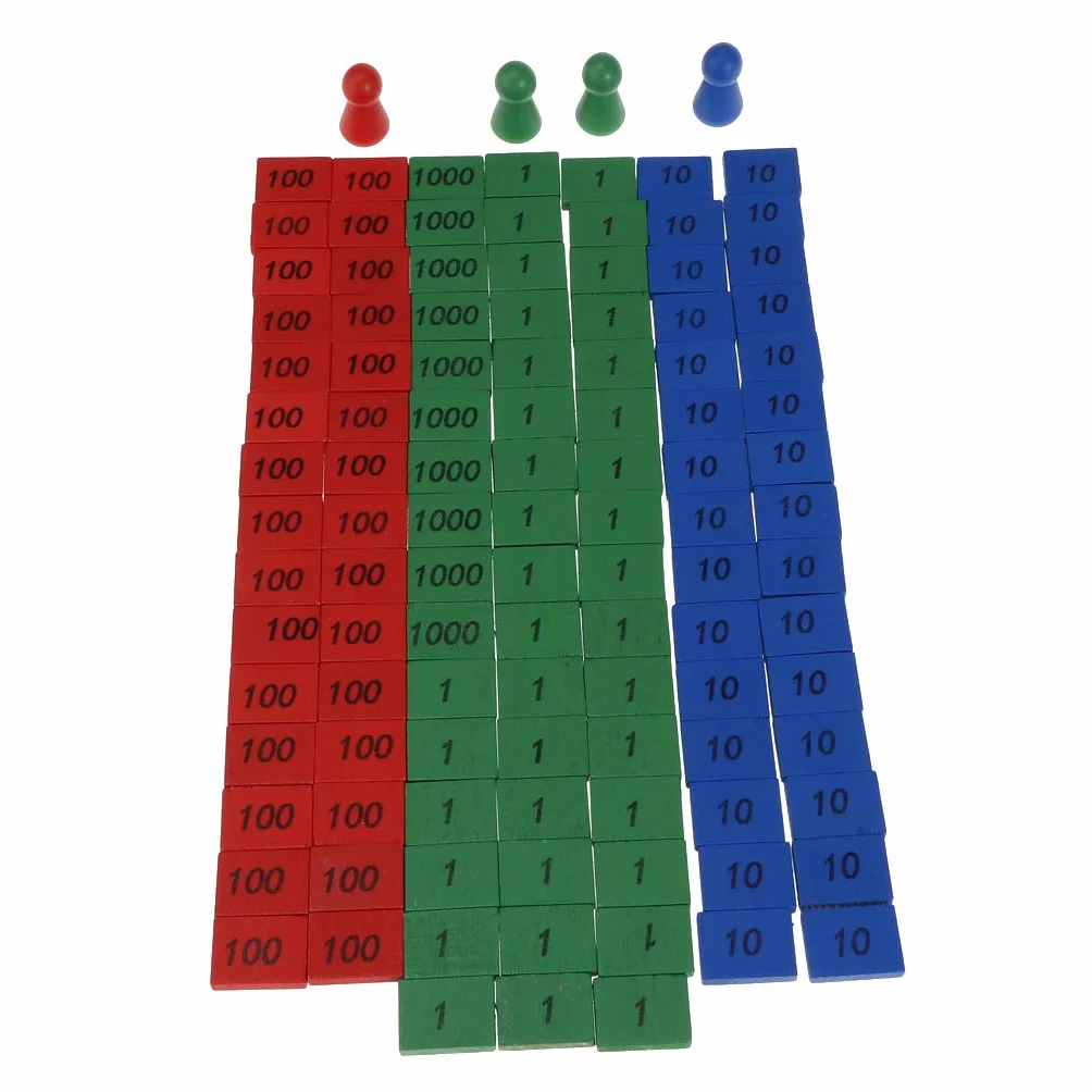 Juego de sellos Montessori de madera, juego de sellos Montessori de 4 piezas y 108 piezas de azulejos de madera etiquetados con 1, 10, 100 y 1000