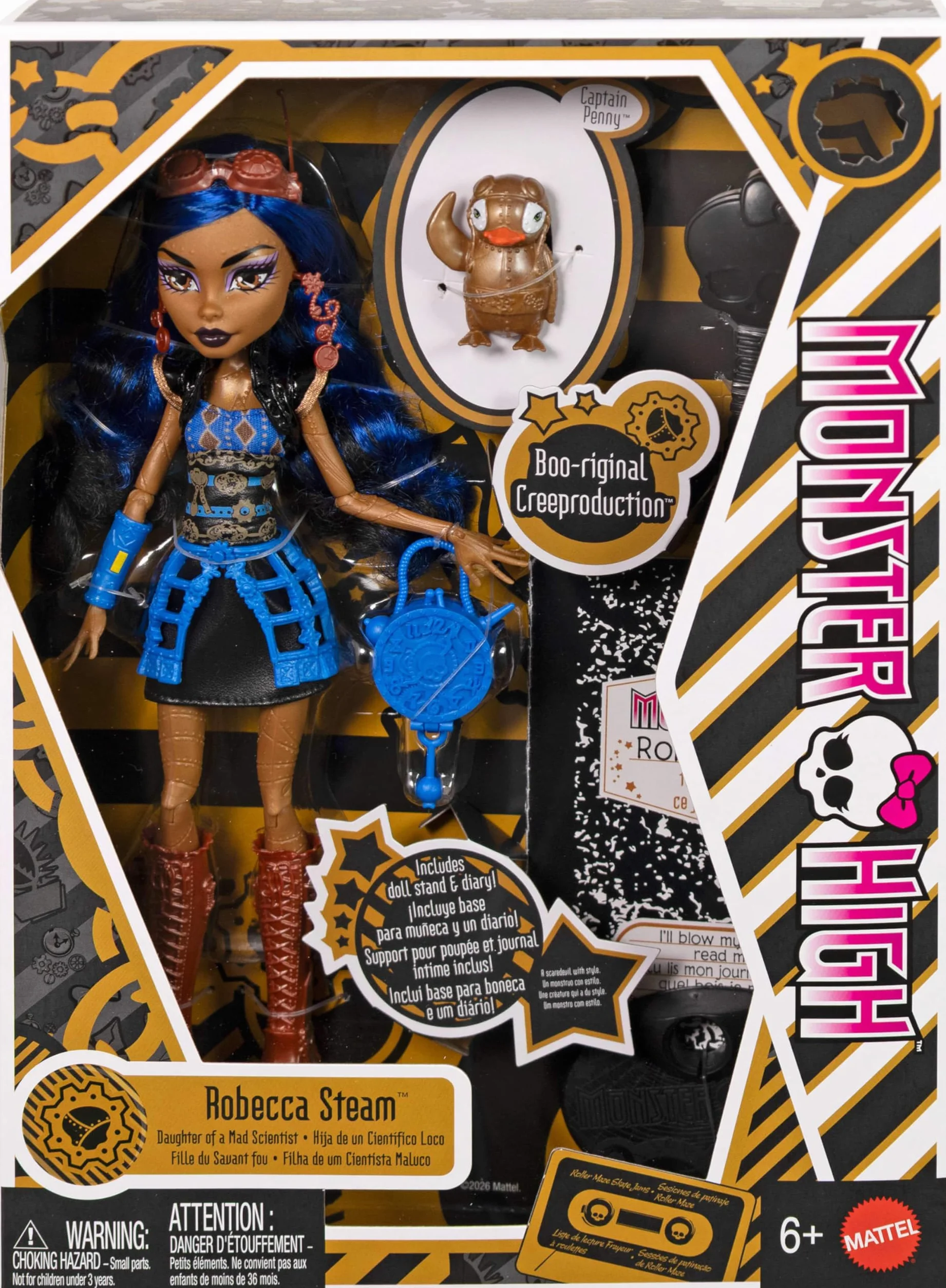 Monster High Boo-riginal Creeproduction Robecca Steam Muñeca, reproducción Coleccionable con peana, Diario y pingüino Mascota Captain Penny, JHK59