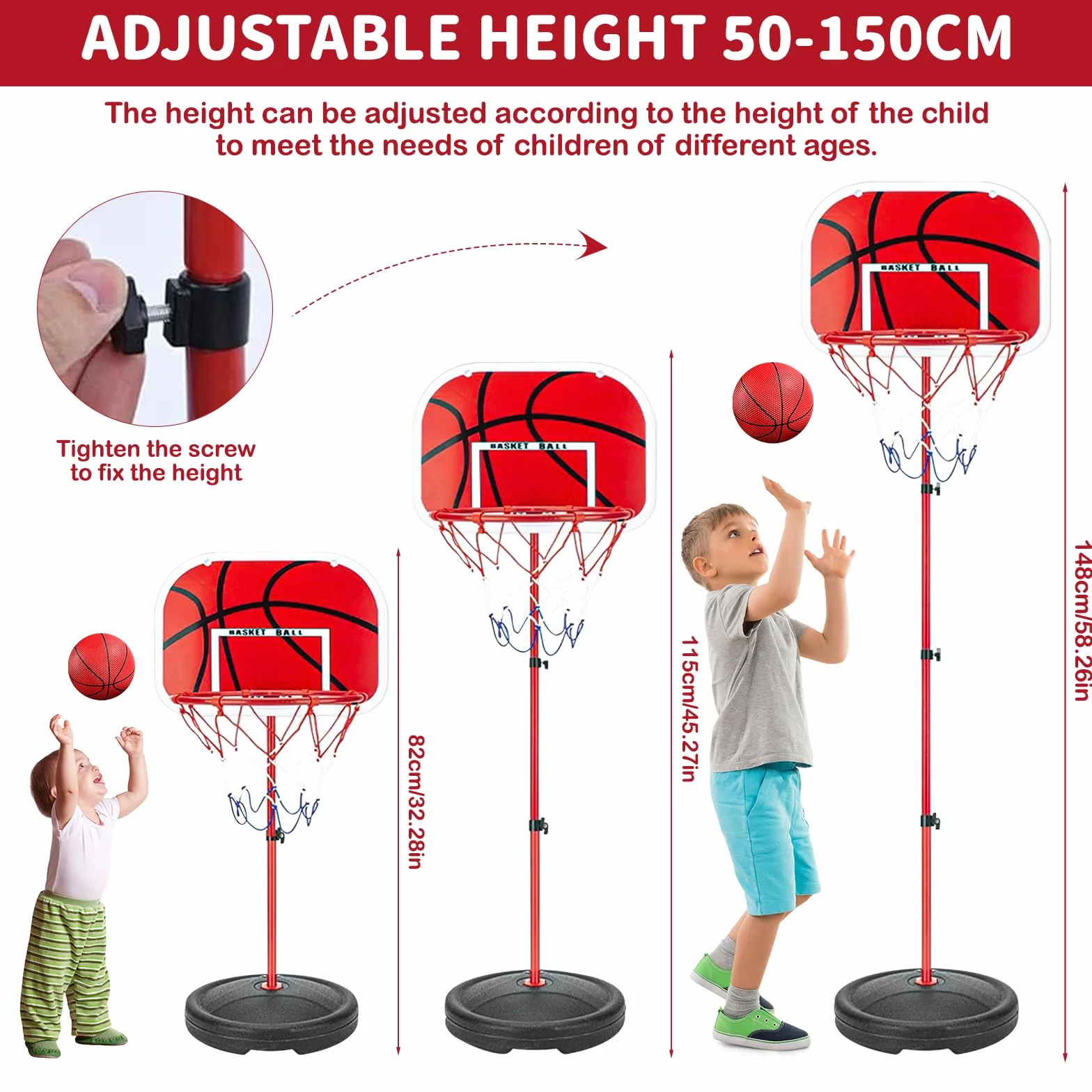 Canasta Baloncesto Infantil,Aro de Baloncesto para Niños Incluir 3 Bolas,2Red,Bomba,Altura Ajustable de 50 a 150 cm,Aro de Baloncesto para Interior y Exterior para Niños de 2 a 6 Años