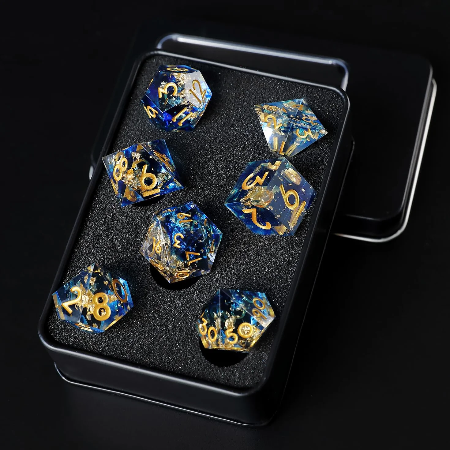 Juego Dados DND 7 Piezas D4 D6 D8 D10 D12 D20 D% Poliédrico Hecho a Mano Resina con Bordes Afilados Dados D&D para Mazmorras y Dragones Pathfinder Roll Juegos de Mesa RPG MTG con Caja Regalo