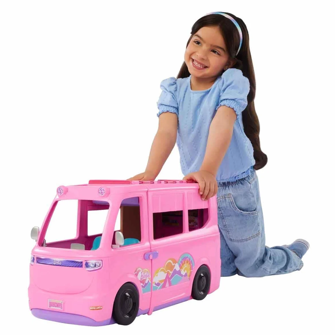 Barbie Súper Caravana DreamCamper Conjunto de juego con tienda de campaña en el techo, columpio, estanque de pesca, barbacoa con función de cambio de color y más de 60 accesorios, incluida masa, HRJ78