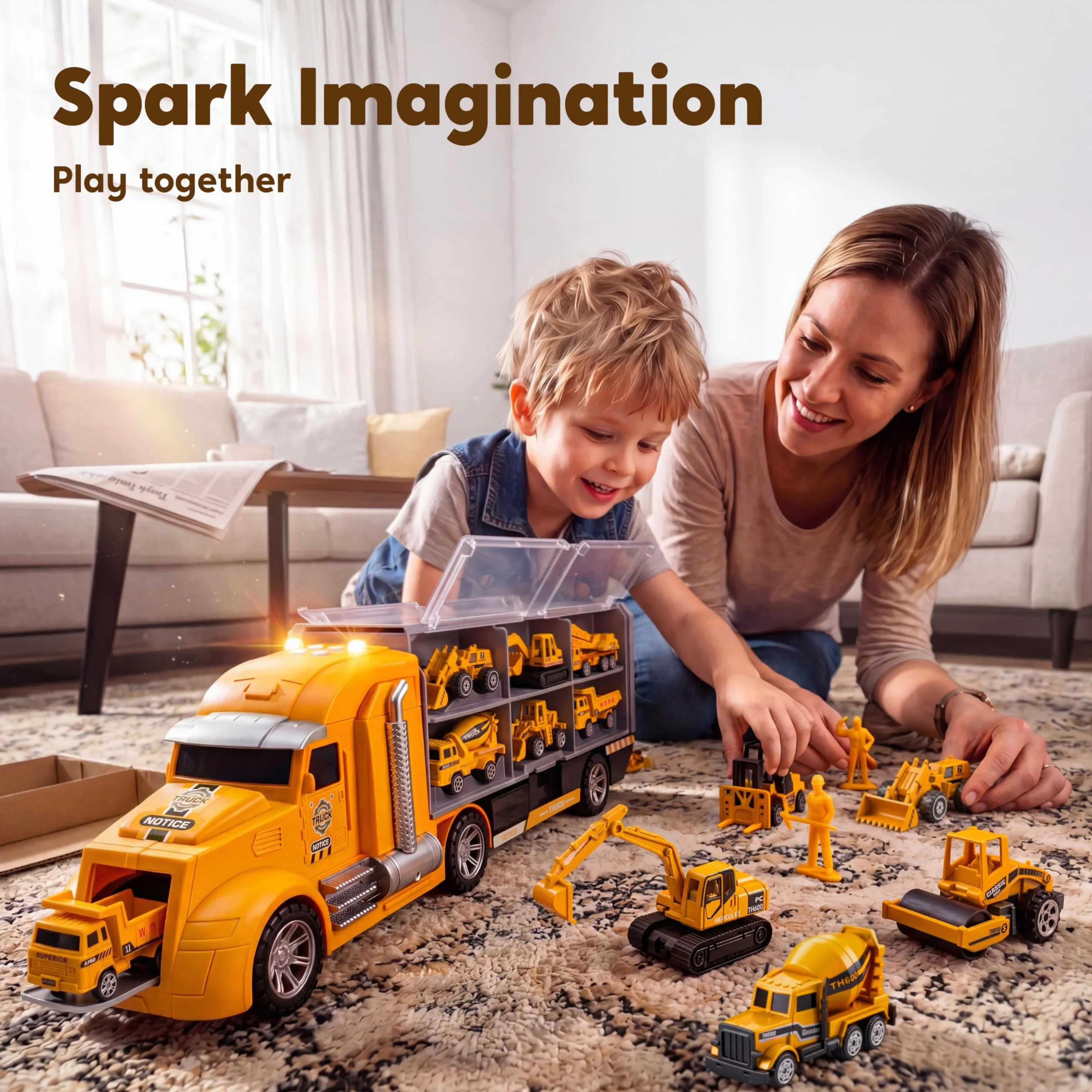 JOYIN 25 en 1 Juego de Juguetes camión de construcción fundidos a presión (Incluye Tractor Excavadora transportadora) con Sonidos y Luces, Regalos de cumpleaños para niños a Partir de 3 años