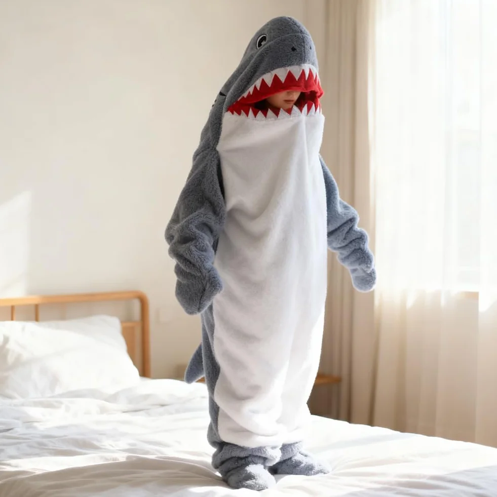 FARYODI Hai Sudadera Manta con Capucha S-XXL, Saco de Dormir con Capucha Shark, Mono de Franela Shark con Pies, Manta de Fanela, Regalo para Fiestas de Pijamas de Dibujos Animados
