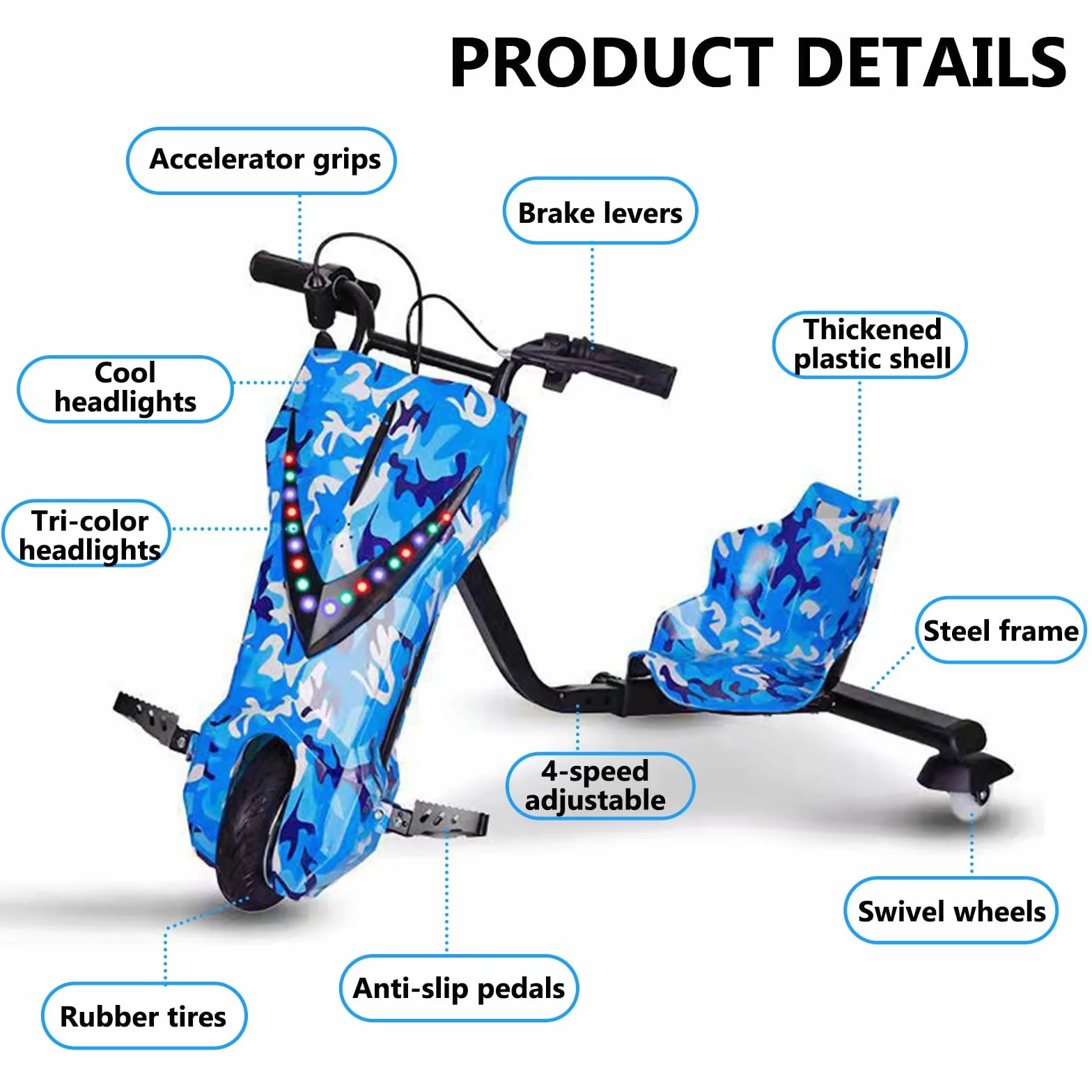 Triciclo A BateríA Drift Trike, Ruedas para NiñOs, Patinete De Deriva Infantil, con 5 Tipos De Longitudes Ajustables, Soporta hasta 100 Kg, VehíCulo EléCrico Desde 8 AñOs 8IN-H