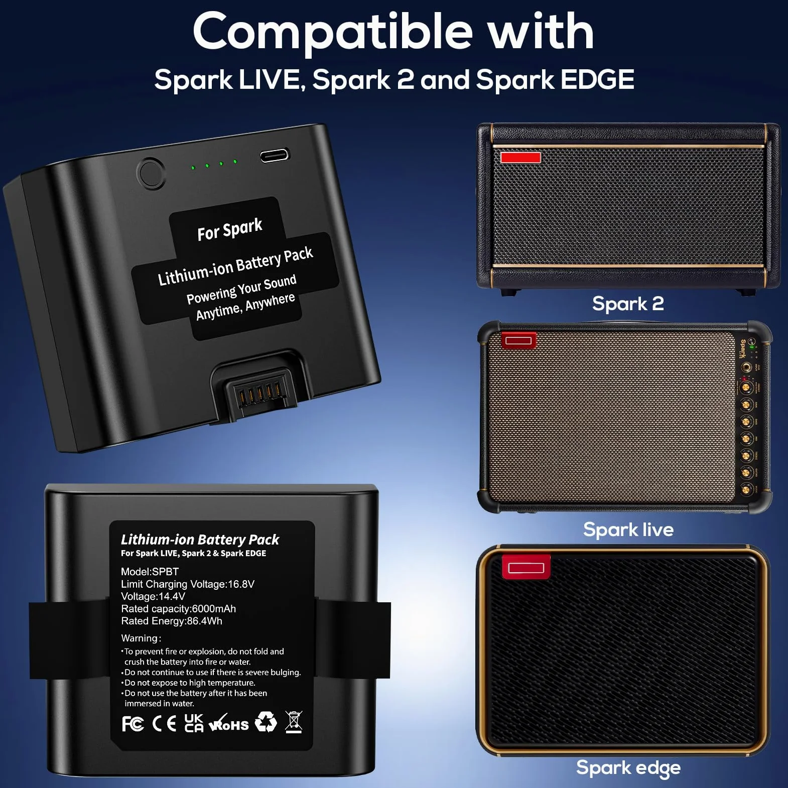 Batería de repuesto de iones de litio de 6000 mAh compatible con Spark Live, Spark 2 y Spark Edge, batería recargable que prolonga el tiempo de fiesta, 86,4 Wh