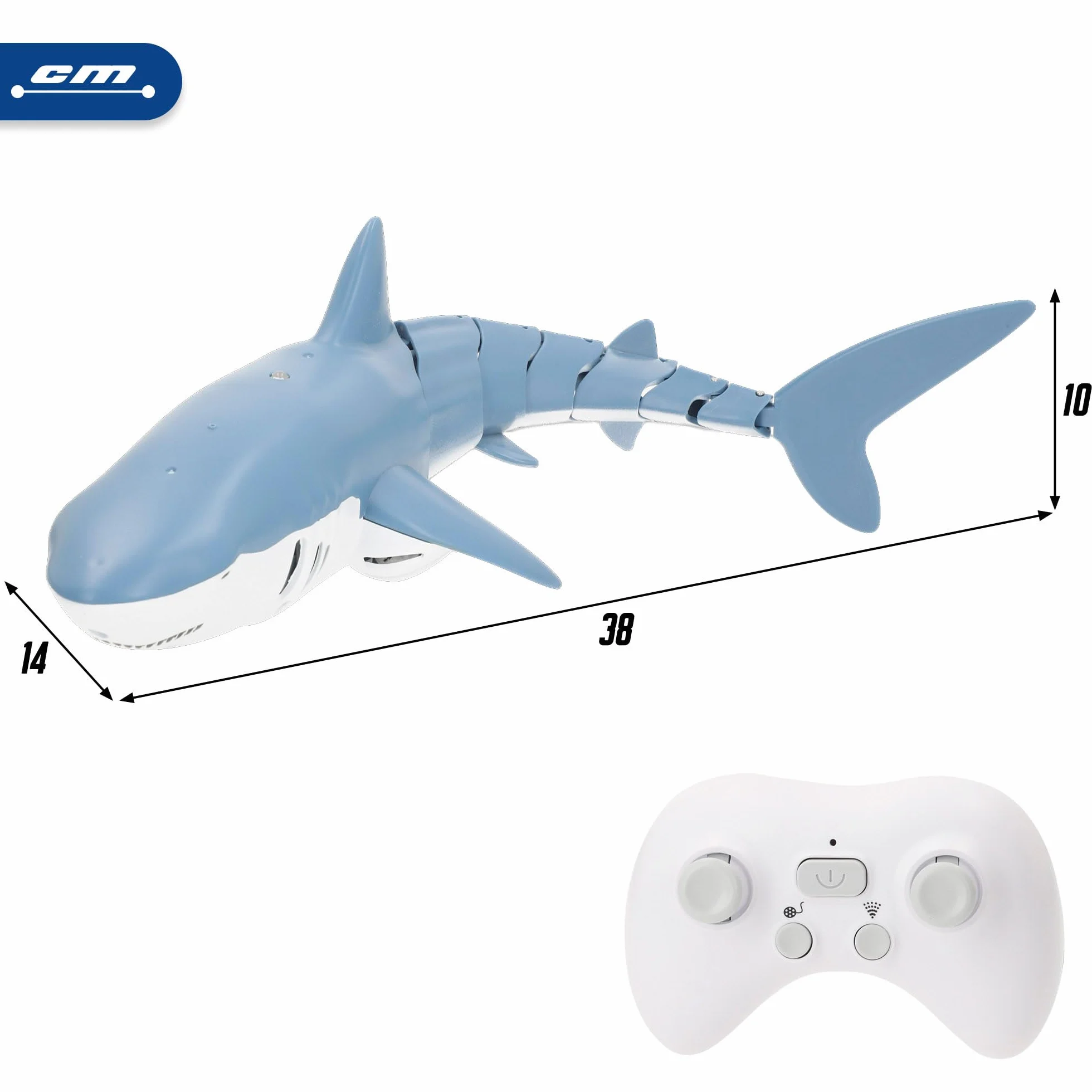 ColorBaby Racing Boat Tiburón de Juguete teledirigido, 38x14x10 cm, Mando Sumergible, 6 direcciones, Frecuencia 2.4 GHz, Alcance 30 Metros, Autonomía 25 Minutos, +3 años (39729)