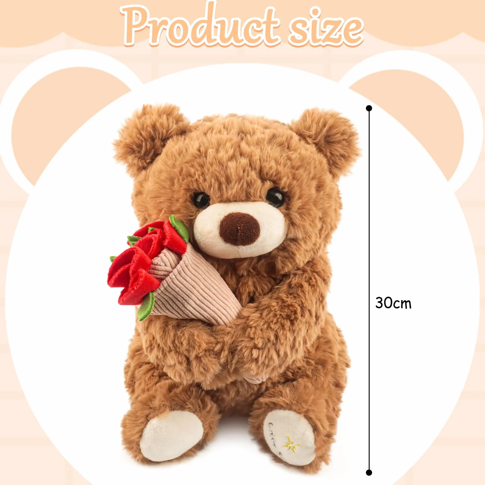 Oso de peluche con rosa y gorro, 30 cm, oso de tela, oso de peluche, suave oso de peluche, regalo de San Valentín (marrón)