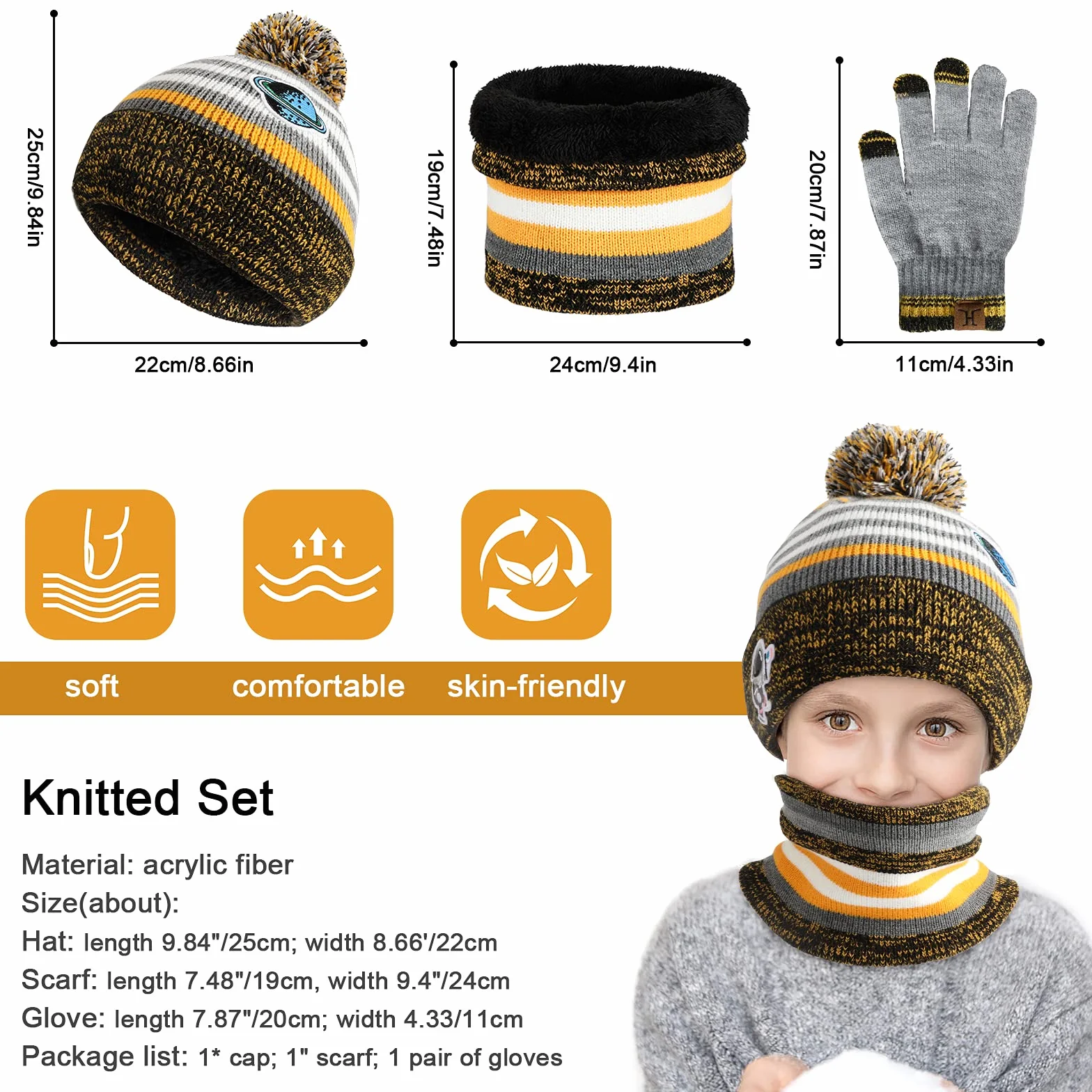 TAGVO 3in1 Invierno Set de Bufanda, Gorro y Guantes para niños, Tejido térmico, 3-6 años