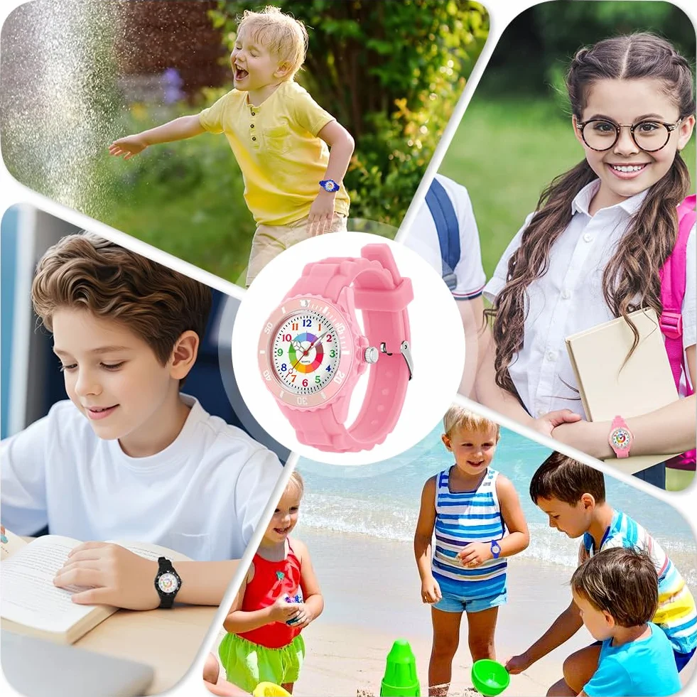 Reloj de Aprendizaje para Niños Impermeable, Analógico con Correa Suave y Esfera Colorida
