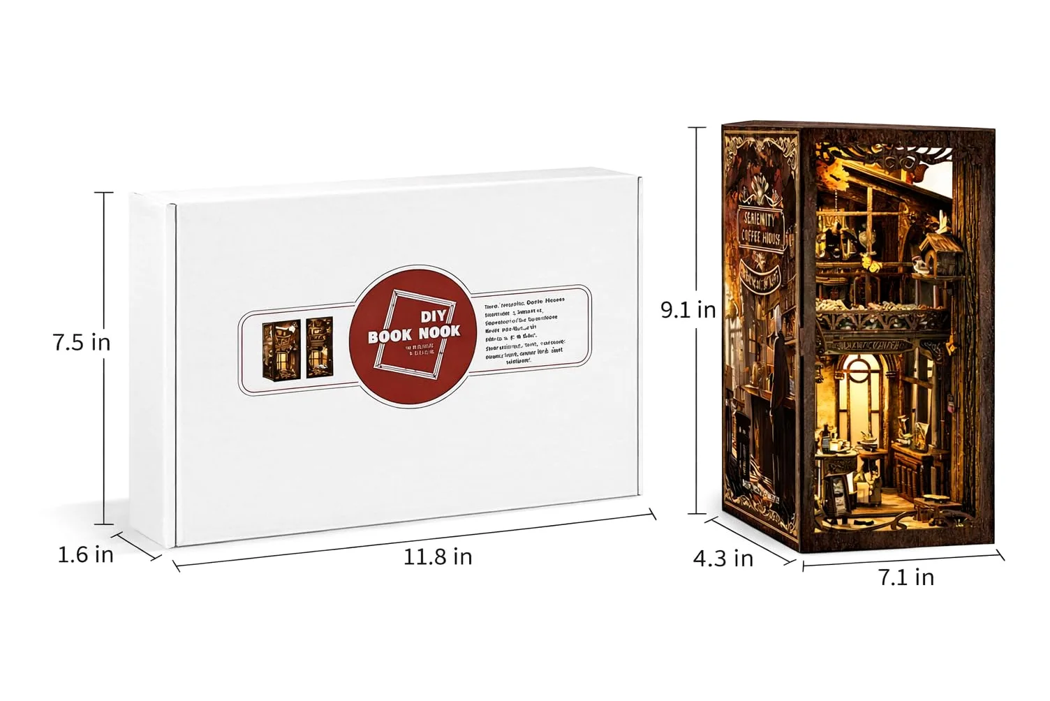 Clover&Clover Kit de rincón de libros con luces LED, casa de muñecas en miniatura para bricolaje, inserto de estantería de madera, rompecabezas de madera 3D, regalo para los amantes de los libros