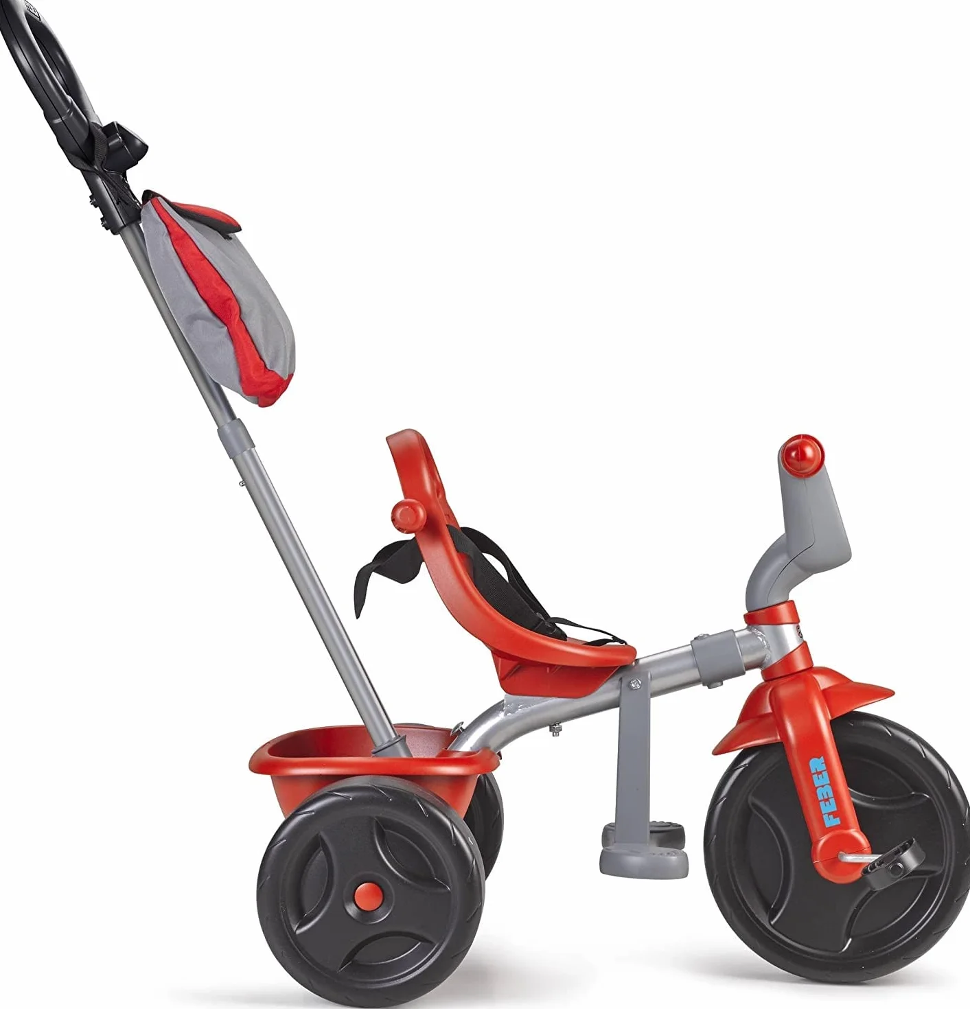 FEBER - EVO Trike Plus, Triciclo para Niños con Estructura Metálica y Cinturón de Seguridad, 2 Posiciones, Silla de Empuje y Mando para Música con Altavoz, 9 Meses+, Azul, Famosa (800010946)