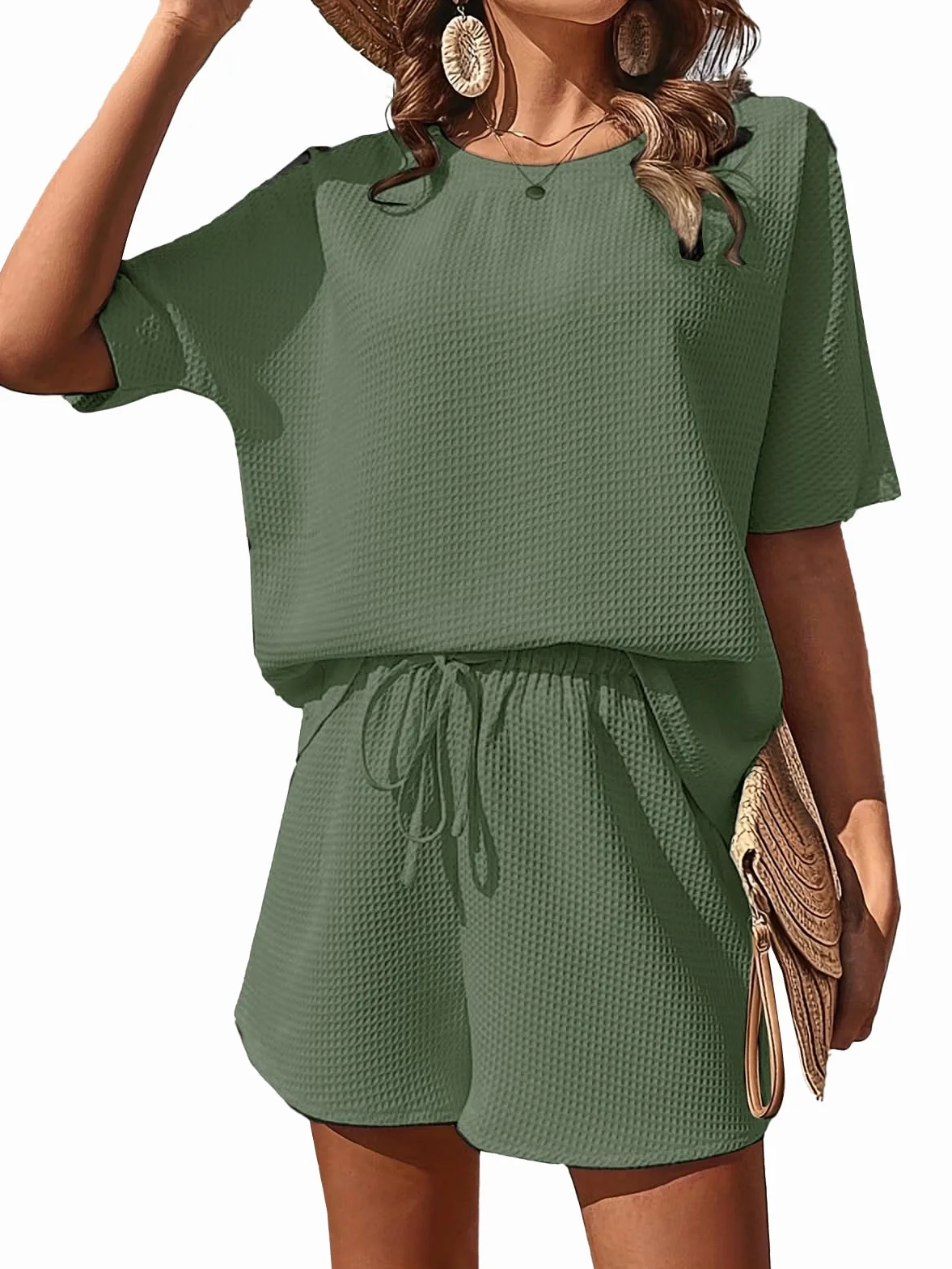 JFAN Conjuntos Chándal Mujer Verano Dos Piezas Pantalones Cortos Cuello Redondo Top Cordón Ajustable Playa