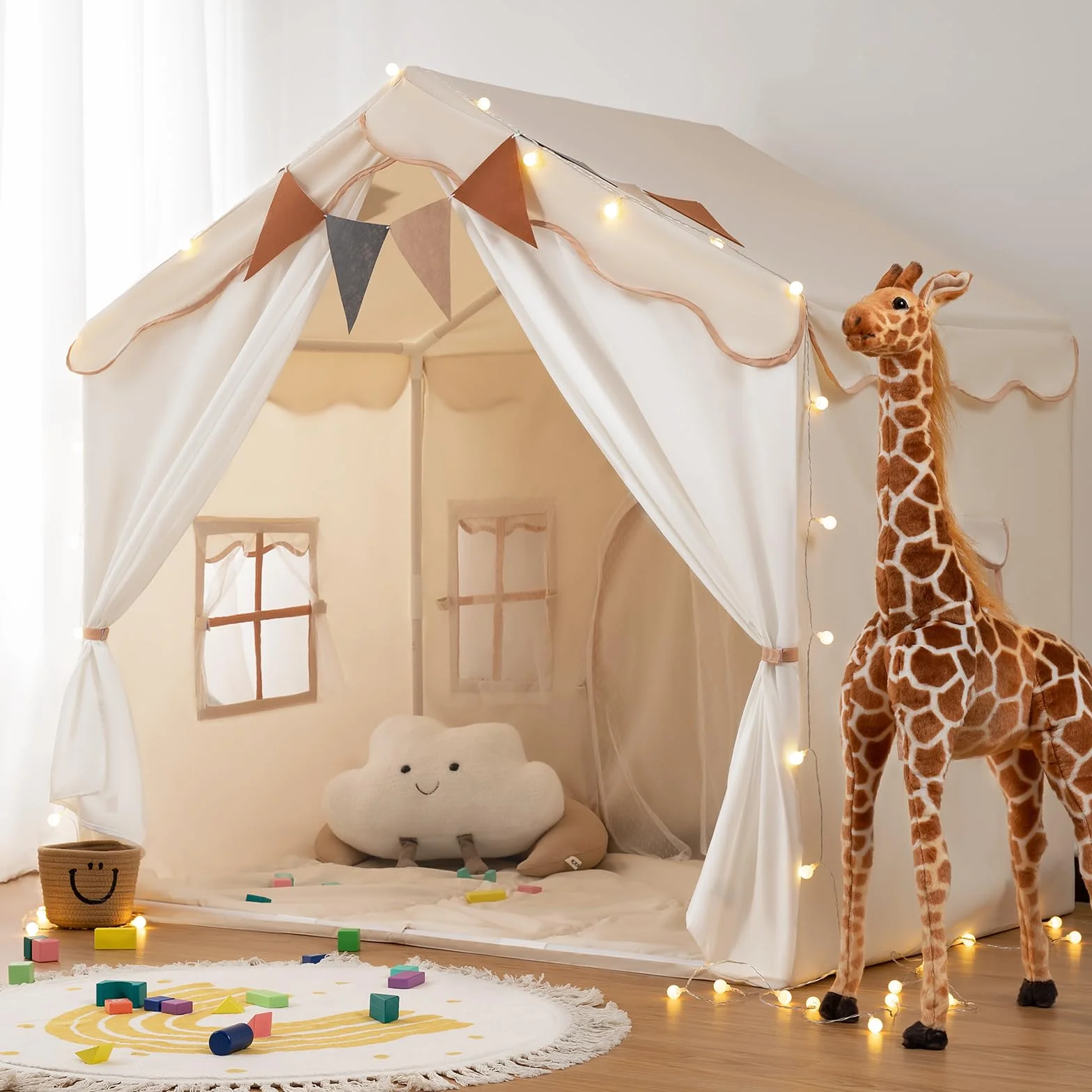 besrey Tienda de Campaña Infantil 2 en1 con Alfombra Acolchada, Luces y Banderas, Casita Infantil Tela de Juegos con 2 Puertas y 4 Ventanas, Cabañas para Niños