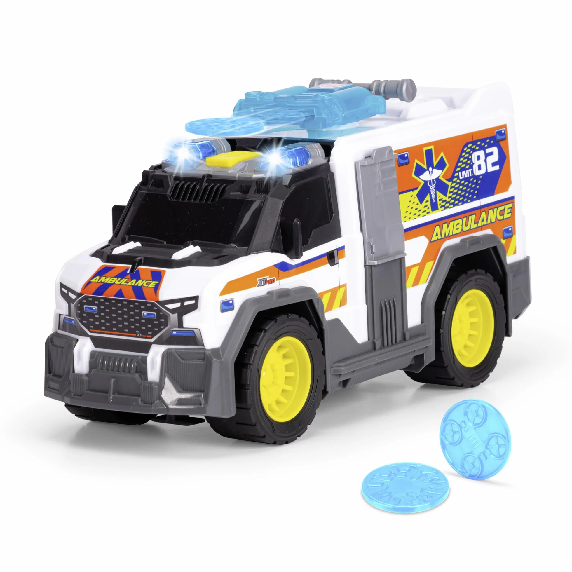 Dickie Toys City Heroes Ambulancia 30cm con luz y Sonido, rampa para Camilla,Compartimento de almacenaje y Lanzador de Discos. A Partir de 3 años (203306024)
