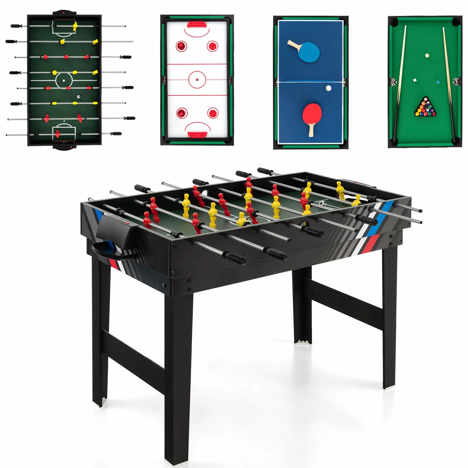 GOPLUS 4 en 1 Juegos de Mesa Adulto y Niño, Mesa Multijuegos de Fútbolin, Hockey, Ping-Pong, Billar, 125 x 97 x 83 cm，2-4 Juegos Interactivos para Hogar, Fiesta, Negro