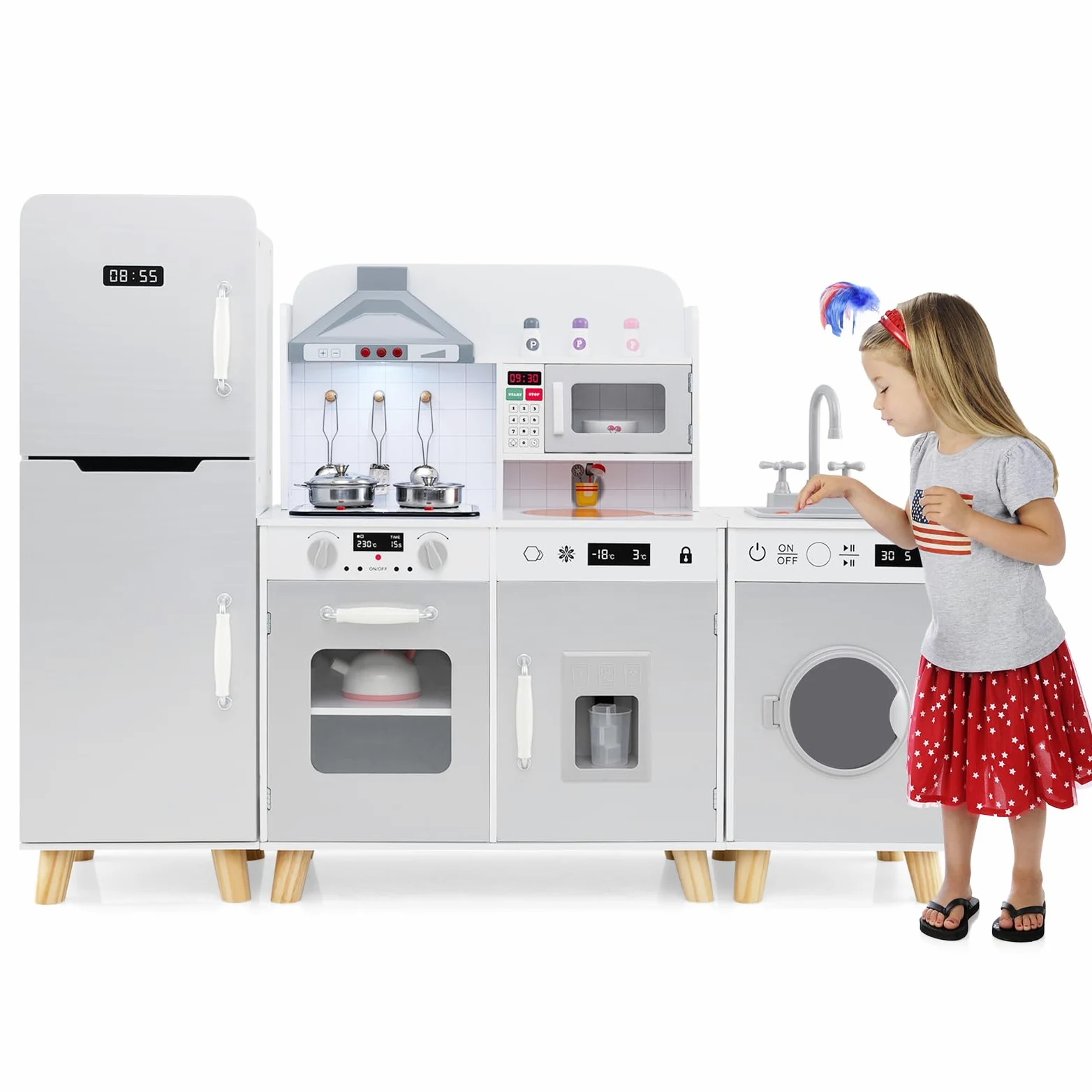 COSTWAY Cocina Juguete Infantil, Cocinita de Madera Infantil 3 en 1 con Refrigerador, Lavadora, Máquina de Hielo, Estufa, Fregadero, Horno, Microondas, Cocina Juguete con Luces y Sonidos (Gris)