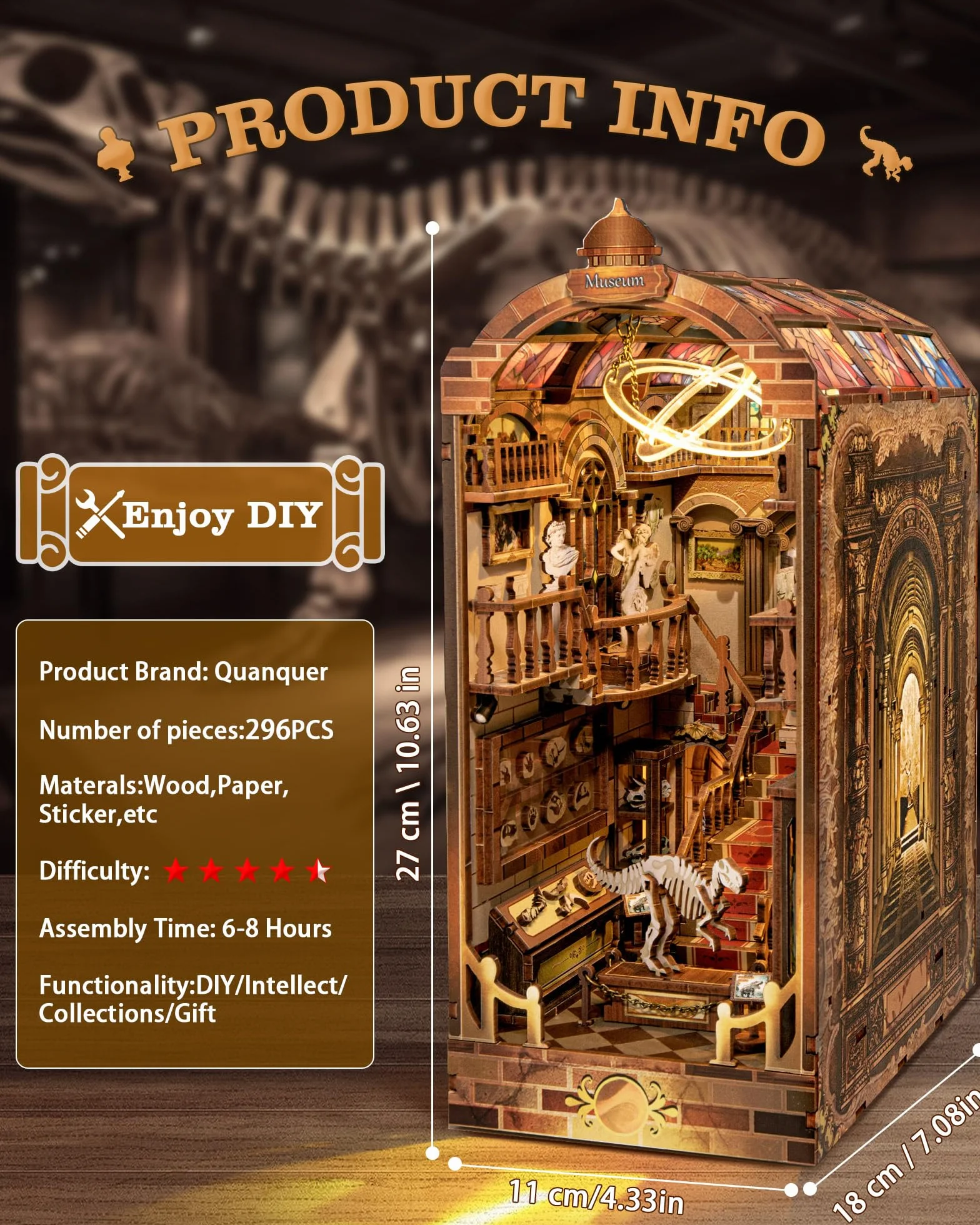 Quanquer DIY Book Nook con protección contra el Polvo y luz LED 3D de Madera Booknook, Rompecabezas de Madera 3D Booknok Navidad Halloween cumpleaños Ideas para 14 años (museos)