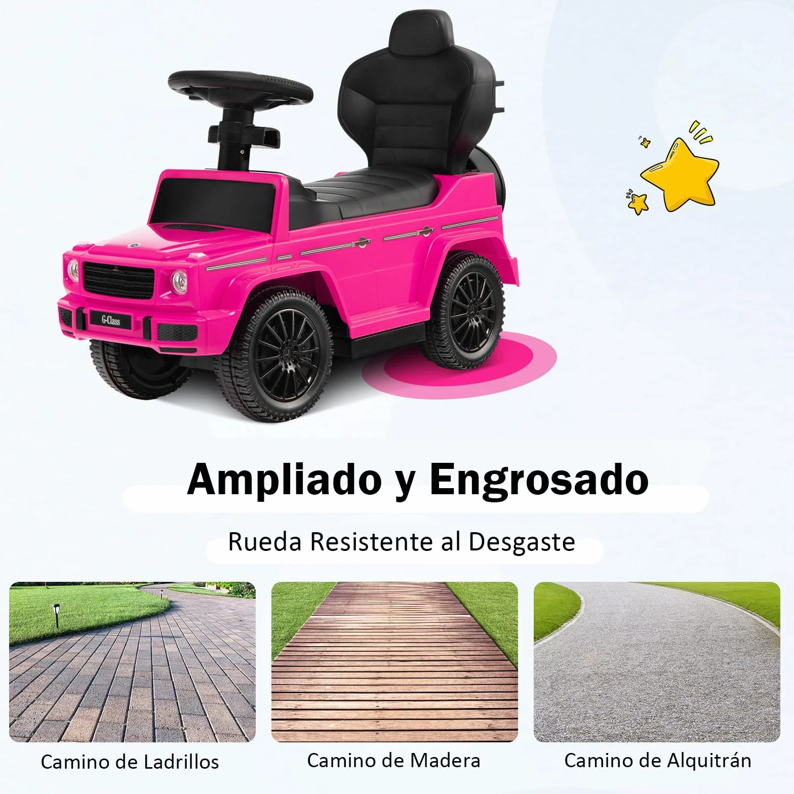 COSTWAY 3 en 1 Coche Correpasillos para Niños, Coche de Paseo Infantil Mercedes Benz con Toldo Ajustable, Manija para Padres, Barandilla para Apoyabrazos, Sonido del Motor y Bocina (Rosa)