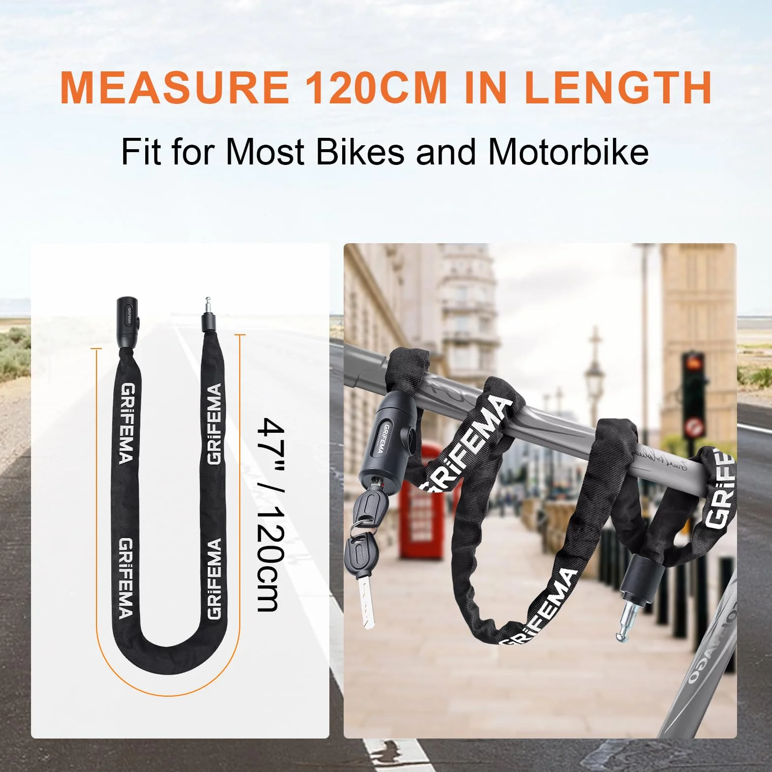 GRIFEMA GA1201-12 Candado de Bicicleta Antirrobo con Llave, Cadena 120cm, Negro