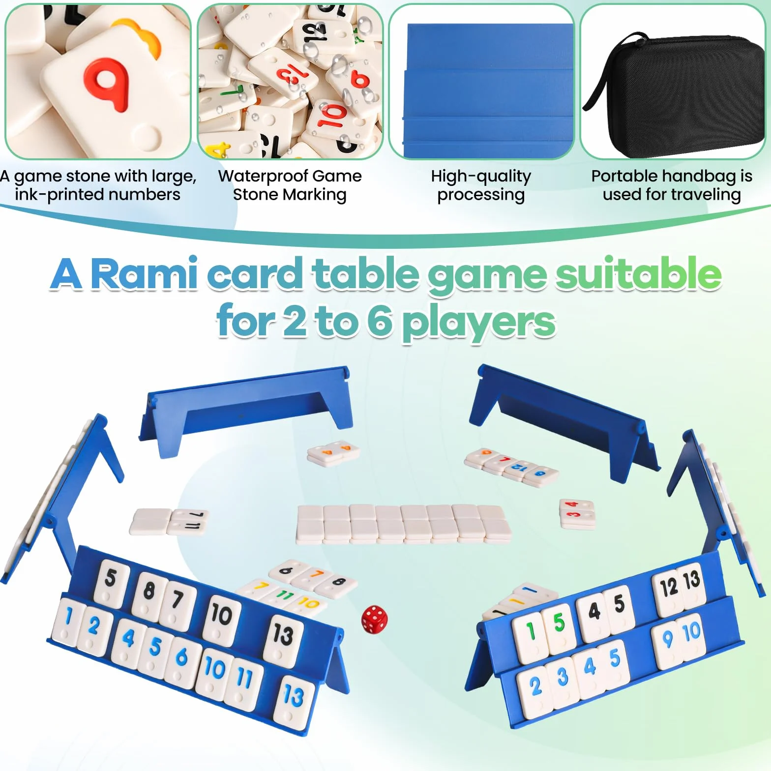 Rummy Cup Original Rummy Juego de viaje con cordón de almacenamiento para adultos, 160 piedras, juego de mesa Rummy Cup para 2-6 jugadores, con 6 soportes de juego, 1 dados juegos de mesa