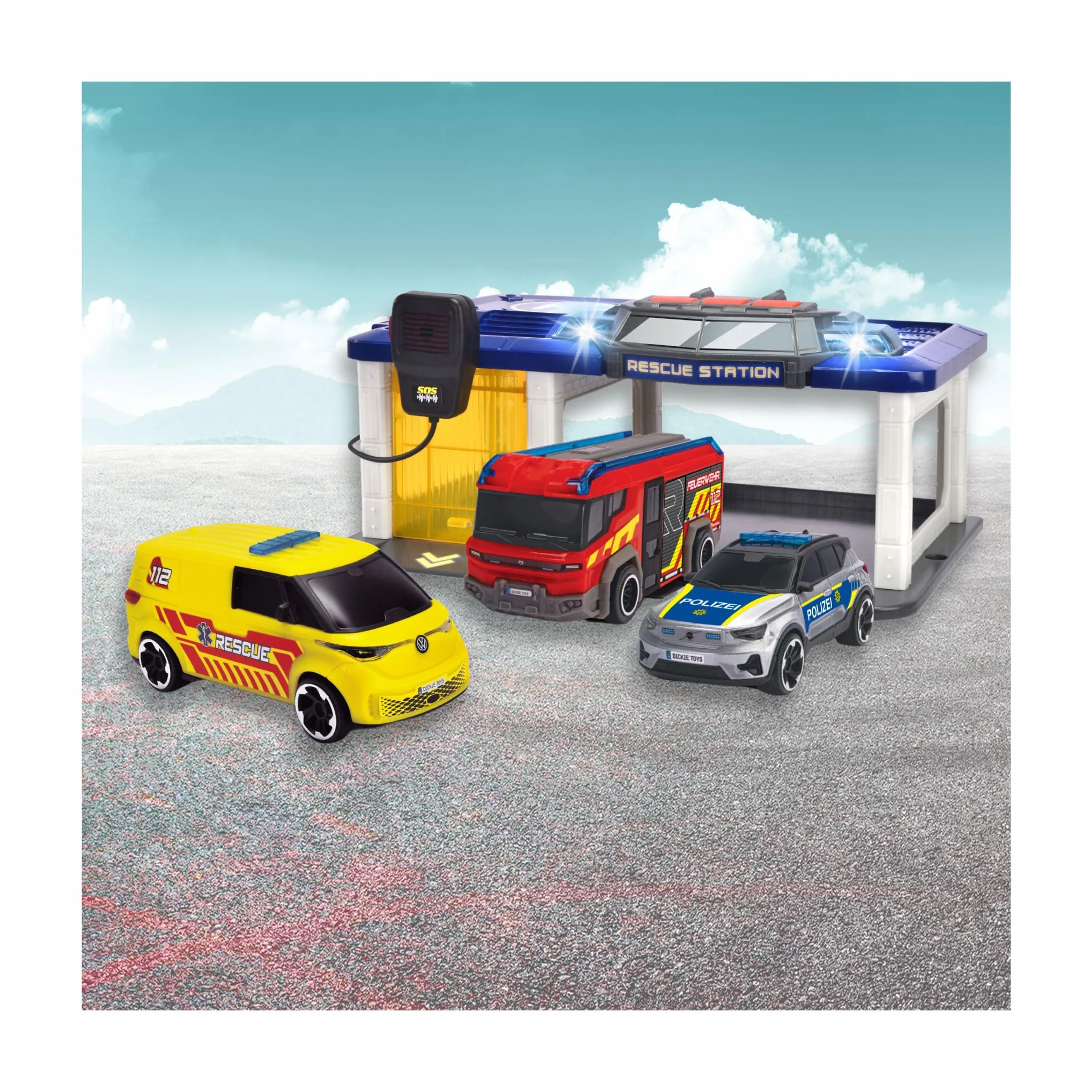 Dickie Toys - S.O.S Station para niños a Partir de 3 años (31 x 22 cm) con 3 Coches de Juguete (Coche de policía, Ambulancia, camión de Bomberos), estación de Bomberos y policía con luz y Sonido