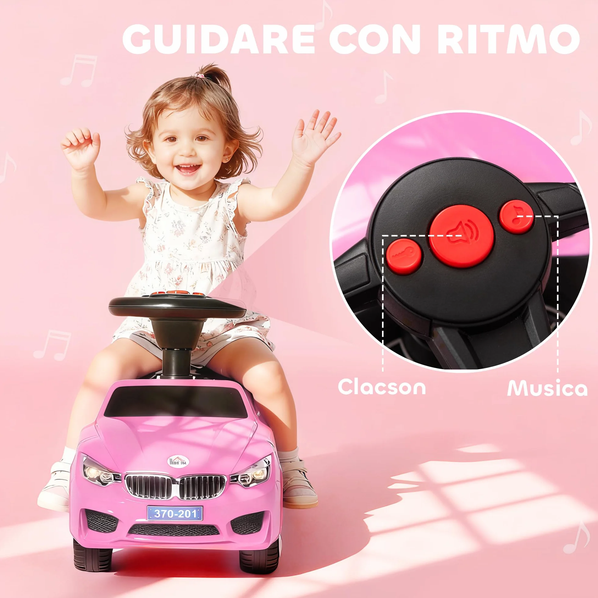 HOMCOM Coche Correpasillos para Niños de 18-36 Meses Andador Correpasillos con Faros Música Bocina Volante Espacio de Almacenaje y Asa para Empujar 63,5x28x36 cm Rosa