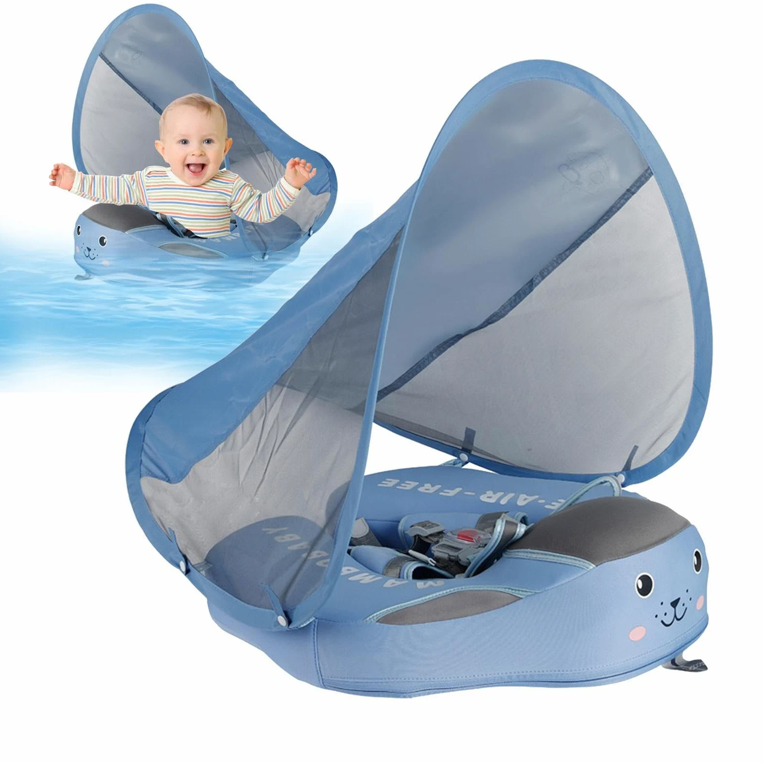 Ayuda de natación para bebé, anillo de natación para niños pequeños sin inflar, ayuda de natación antivuelco con protección solar para 3-24 meses, para vacaciones en la playa, viajes y baño al aire