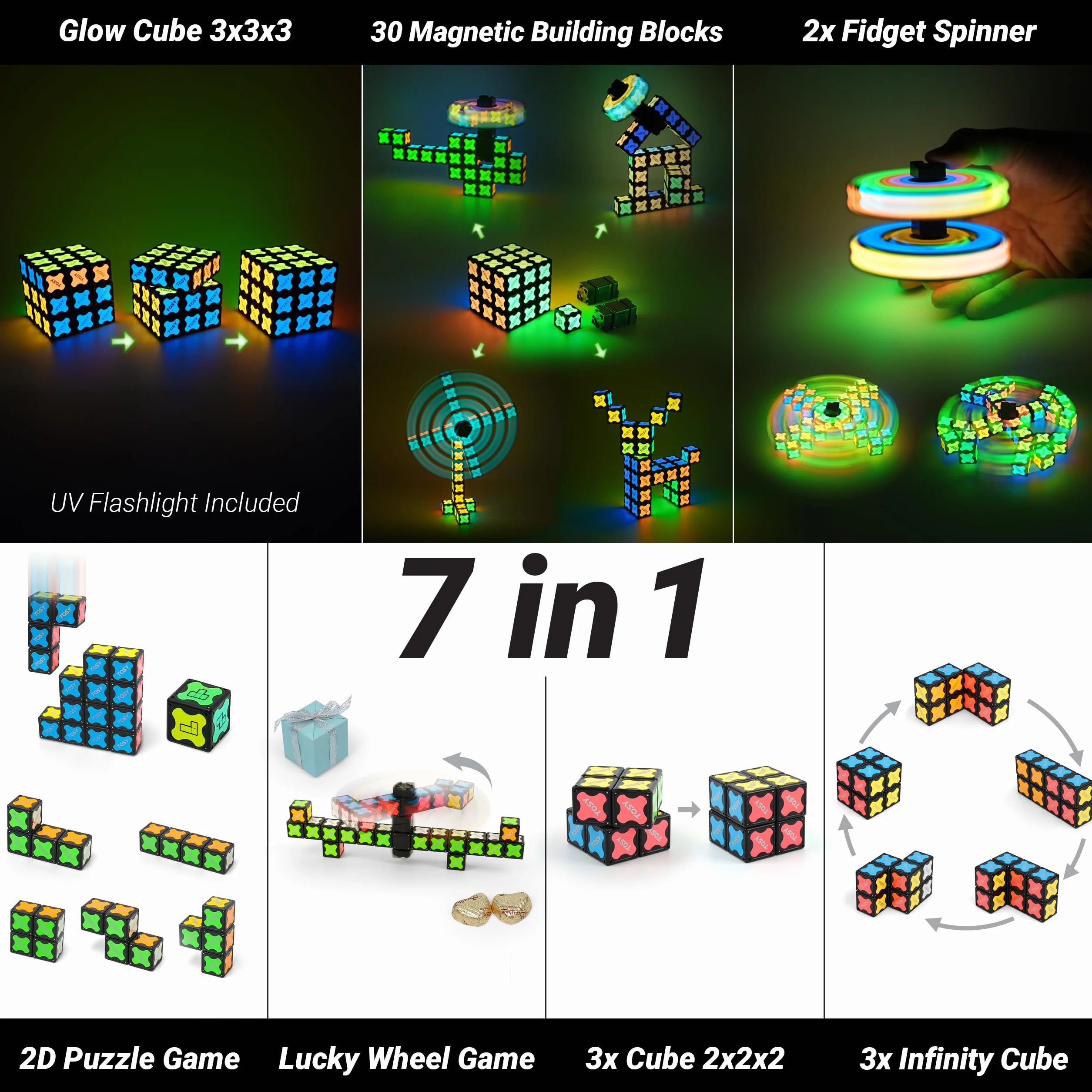 TOSY Magnet Cube 3x3 - 30 Bloques, Multiusos: Bloques de construcción creativos, Fidget Spinner transformable, Rompecabezas/Cubo Infinito, Regalo de Pascua para niños, Juguete Stem Brillante