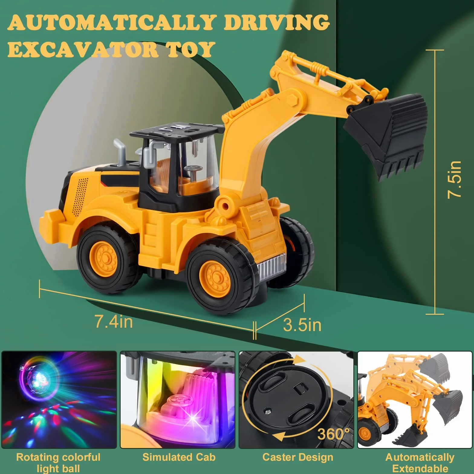 Kiztoys&1 Juguetes de Excavadora, Caminar automático con Sonido y luz vehículo vehículos de construcción, Excavadora de Juguetes para niños con Luces y música múltiple para niños 3 4 5 6 7 años