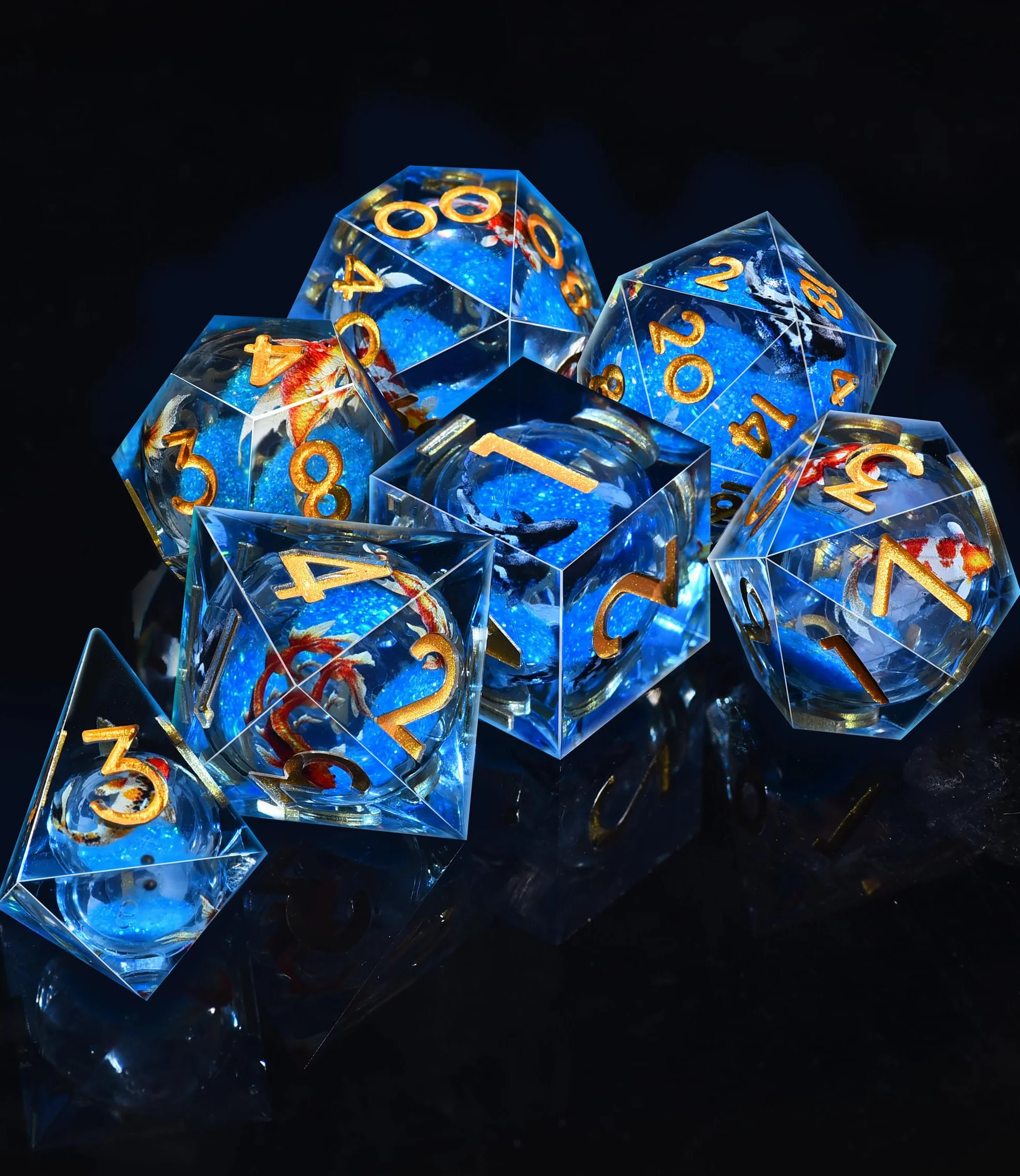SIQUK 7 Piezas Juego Dados Poliedricos Con Nucleo Liquido Luminosos Dice DND Koi Fish D4 D6 D8 D10 D12 D20 D% para RPG MTG Dungeons and Dragons