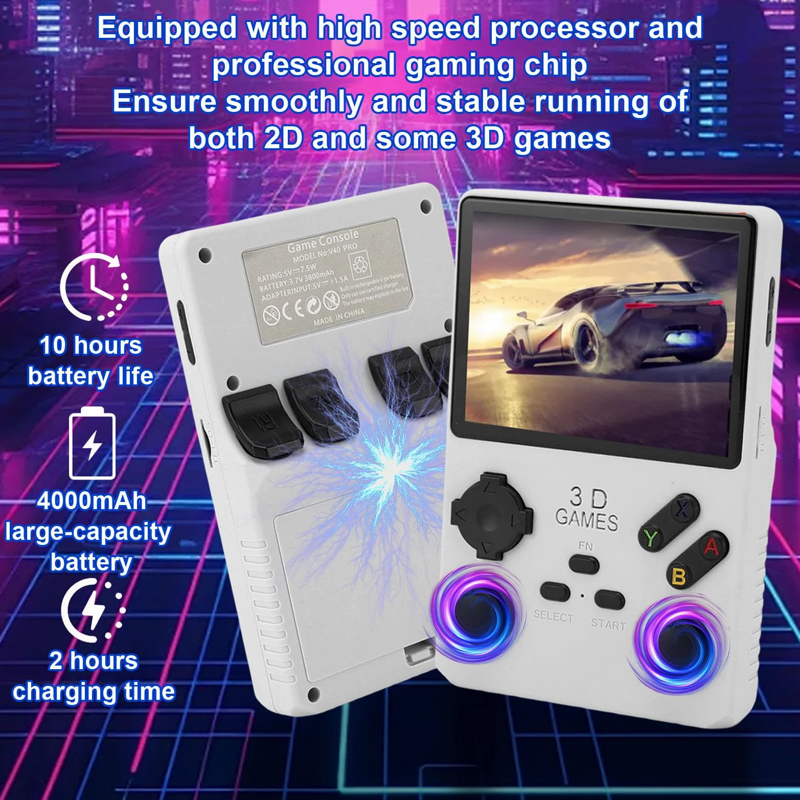 Vikye Consola de Juego Handheld V40 Pro, Consola de Juegos Retro de 3.5in, Clásica Recargable de 3800 MAh Double Joysticks Handheld Gaming Console (White)