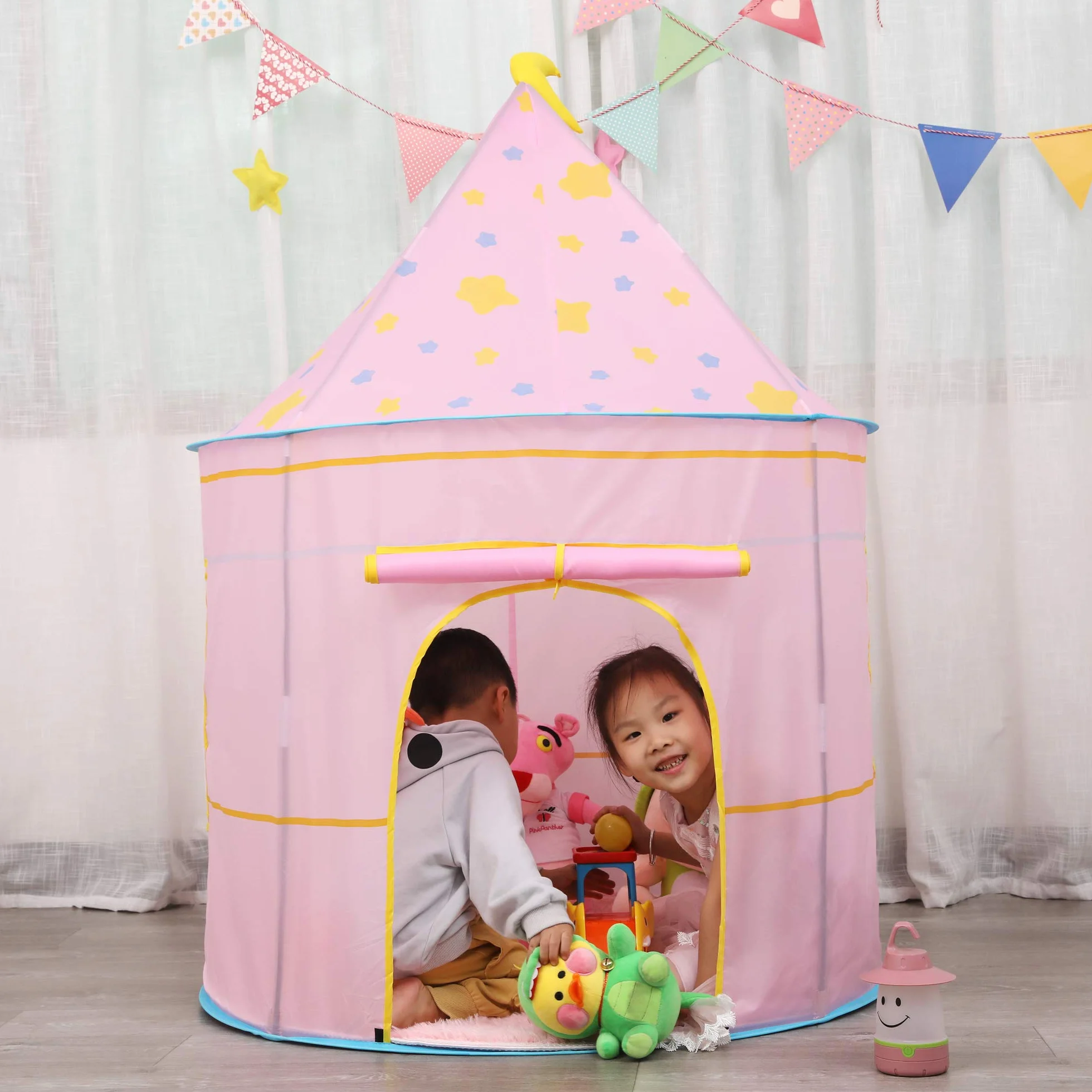 Carpa para niños,con Luces de Estrellas Castillo,Tienda para Niños, Playhouse Toy para Juegos de Interior y Exterior,Navidad & Cumpleaños Regalos para Niños Chico Niña (Rosa Luna)