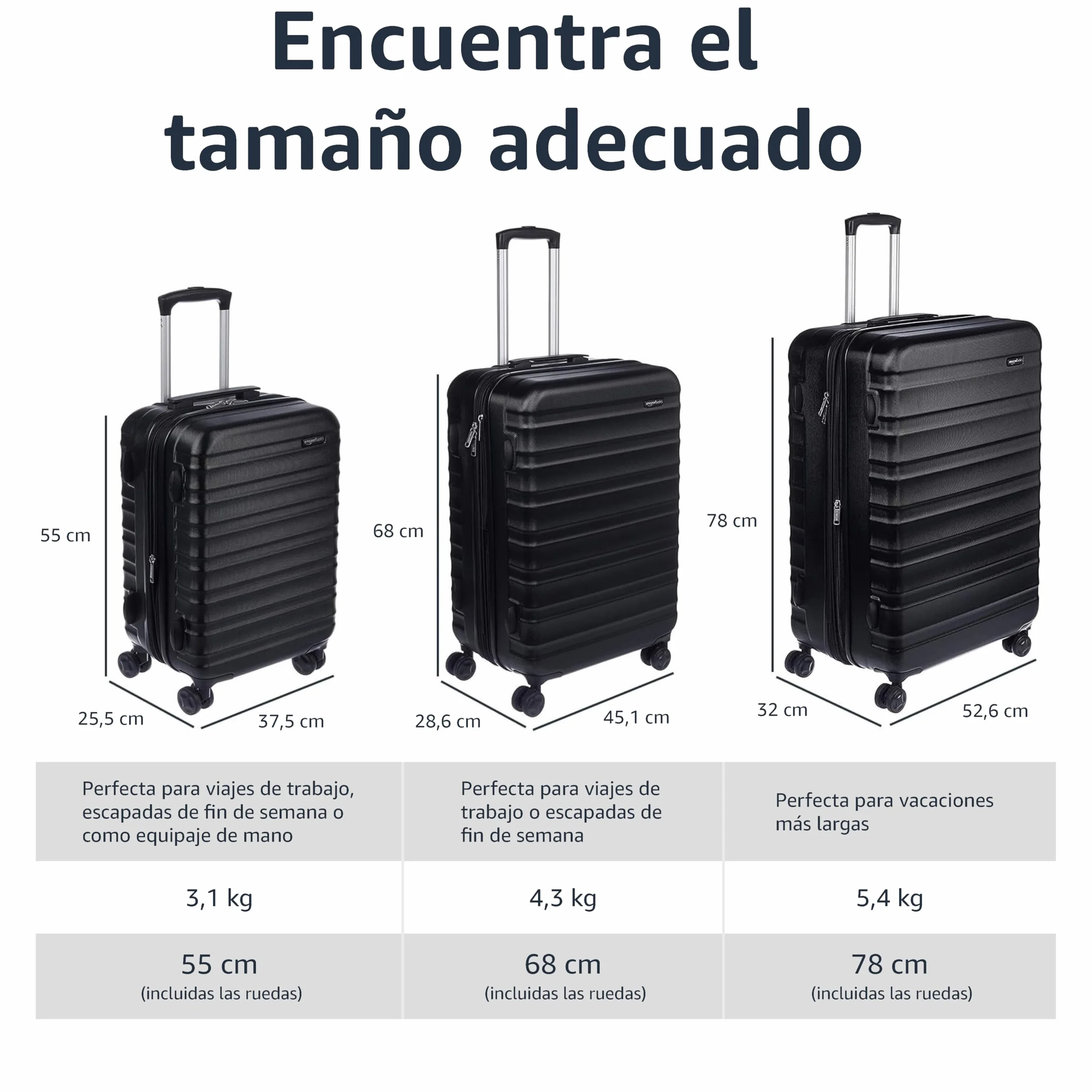 Amazon Basics Maleta Rígida Pequeña Equipaje de Mano Extensible ABS 4 Ruedas Giratorias 55x37,5x25,5cm Negro