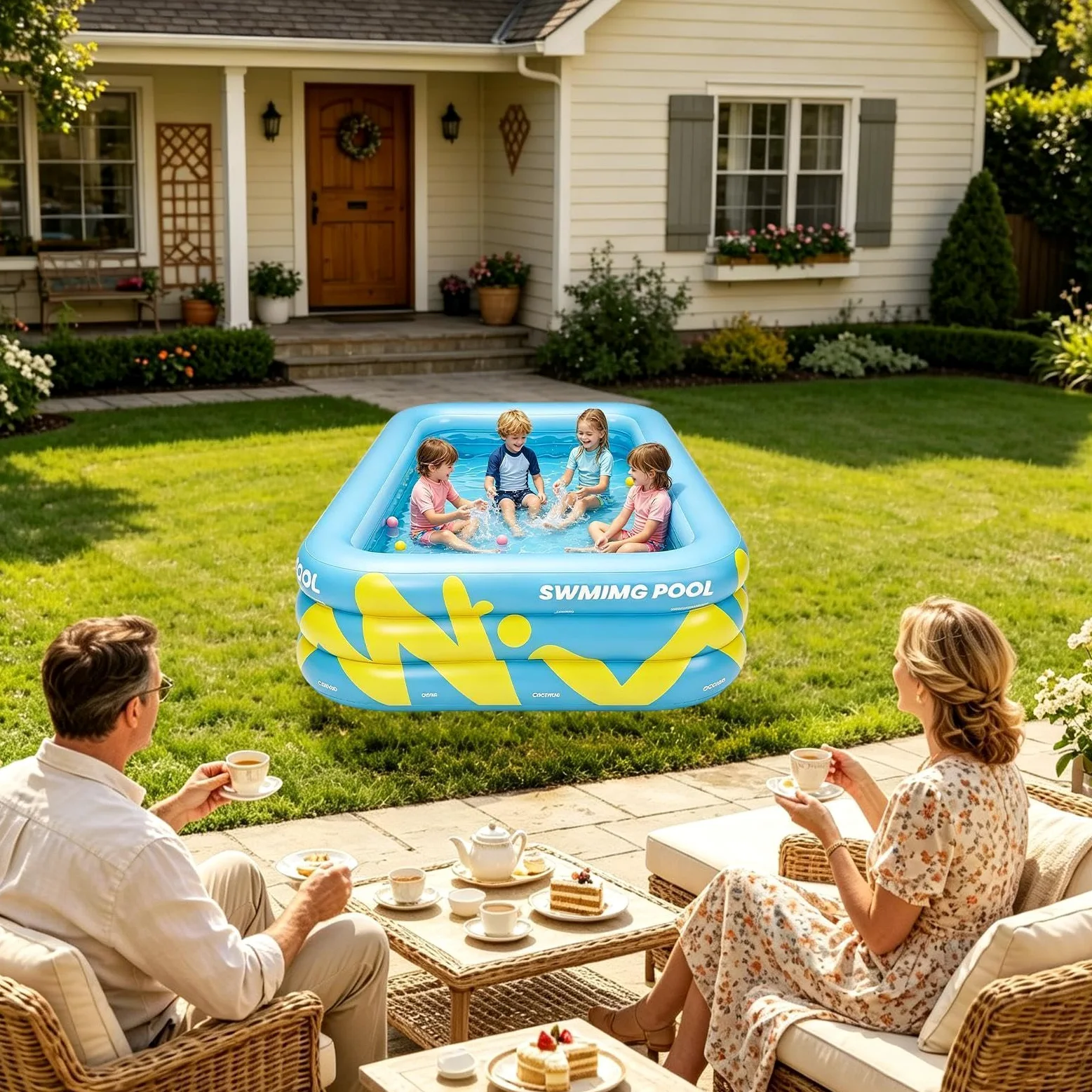Piscina Hinchable Infantil 2,1 x 1,45 x 0,56 Metros Parque De Bolas | Piscina Infantil Para Niños Para Verano Patio Exterior Jardín Césped Parque Juegos Y Natación Al Aire Libre Y