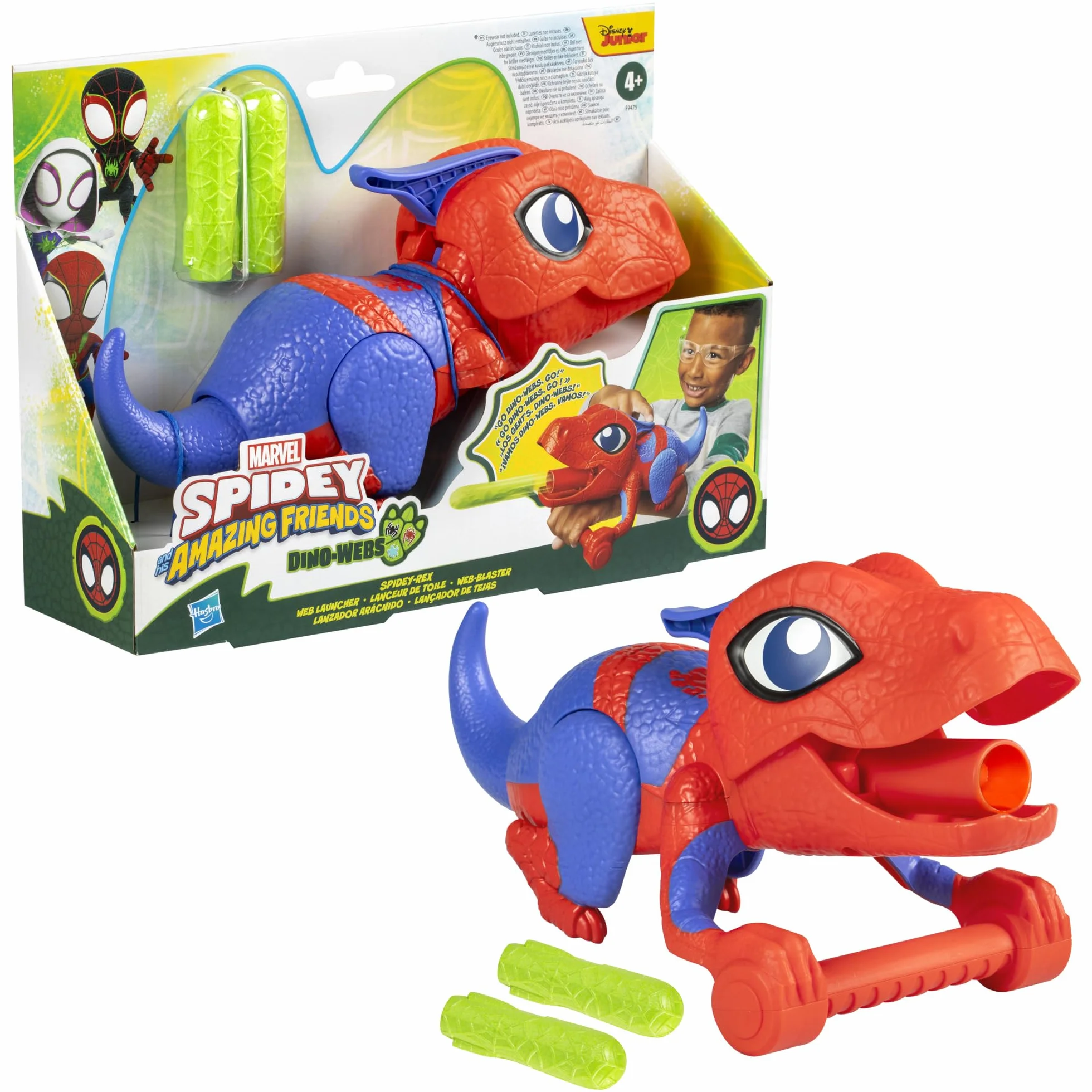 Spidey and his Amazing Friends Marvel Dino-Webs Nerf Spidey-Rex Web Launcher, Juguete de Juego de rol, Juguetes de superhéroe Preescolar para niños a Partir de 3 años