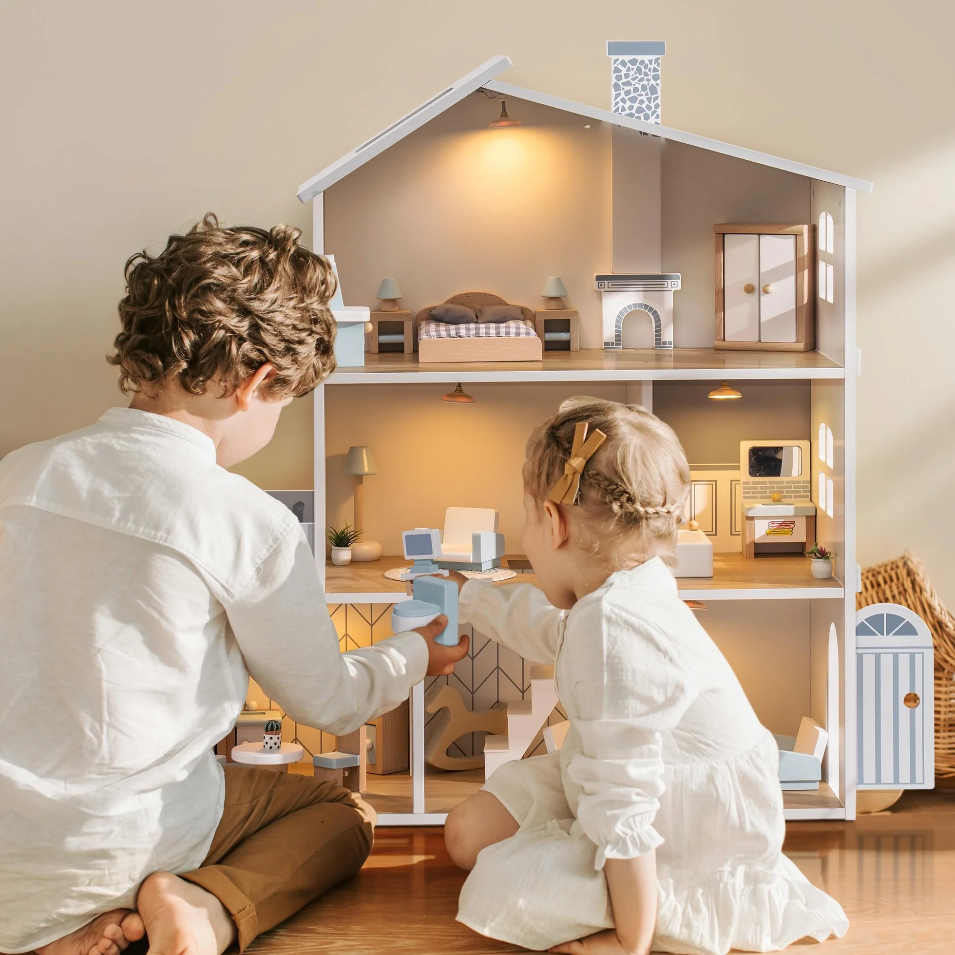ROBUD Casa de muñecas de Madera, 3 Pisos, Incluye Muebles y escaleras, Juguete para niños a Partir de 3 años