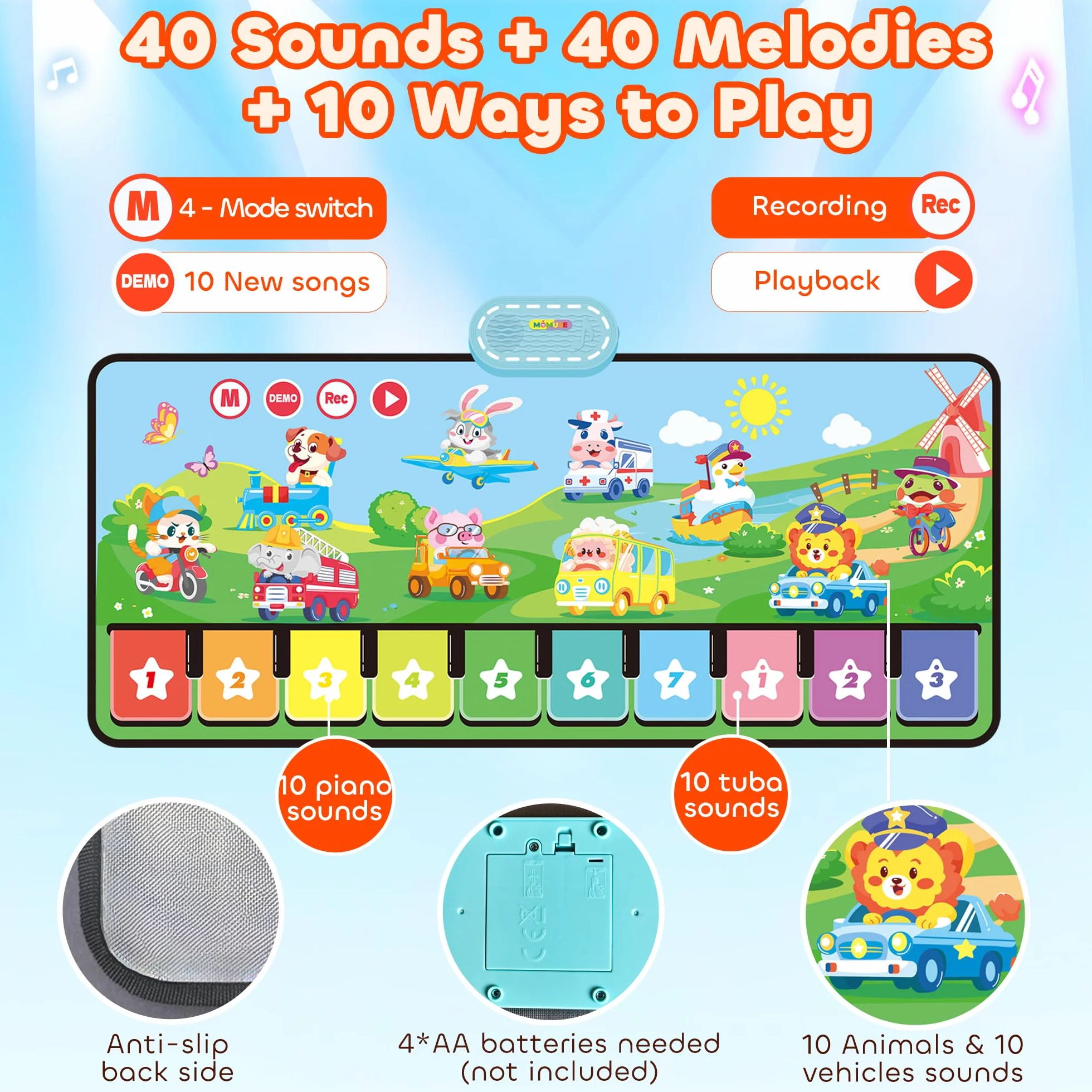 MOMUSE Alfombra Musical con 80 Sonidos, Alfombra de Piano Grande con 10 Animales y 10 Coches, Juguetes Musicales con Luz Suave, 10+ Niveles Volumen, Regalos para Niños Niñas 1 2 3 Años (110 cm*45 cm)