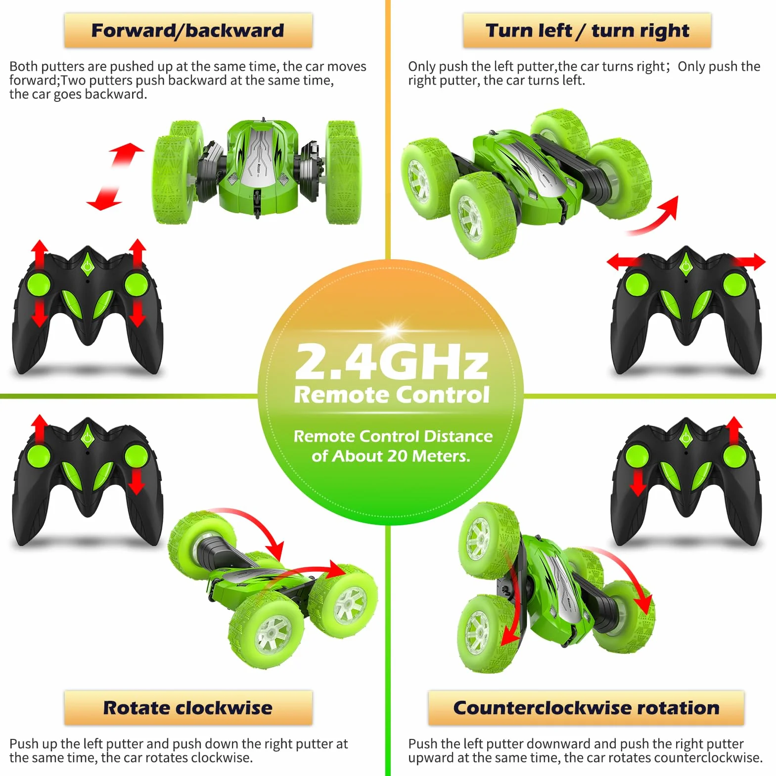 Coche Teledirigido 2.4Ghz 360 Grados Rotación Acrobático Juguete Regalo 6-12 Años Niños Niña Incluye Batería Recargable Verde