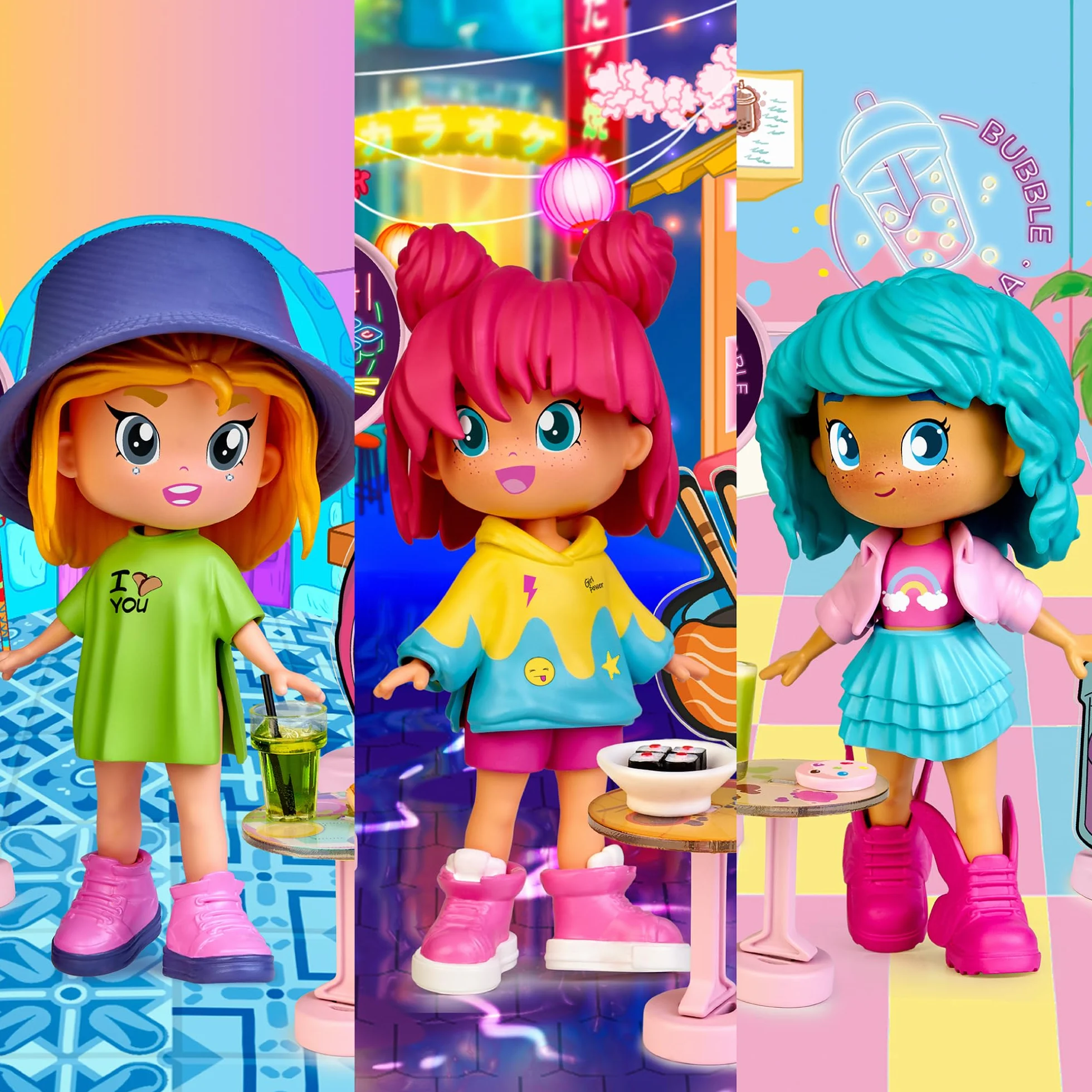 Pinypon TOP Bubble Tea Girl, Chica TOP con Temática Té de Burbujas, Figura Articulada de Brazos y Piernas, Doble Cara y Ropa y Zapatos Intercambiables, Sobre con Accesorios, +4 años, Famosa (PNN01300)