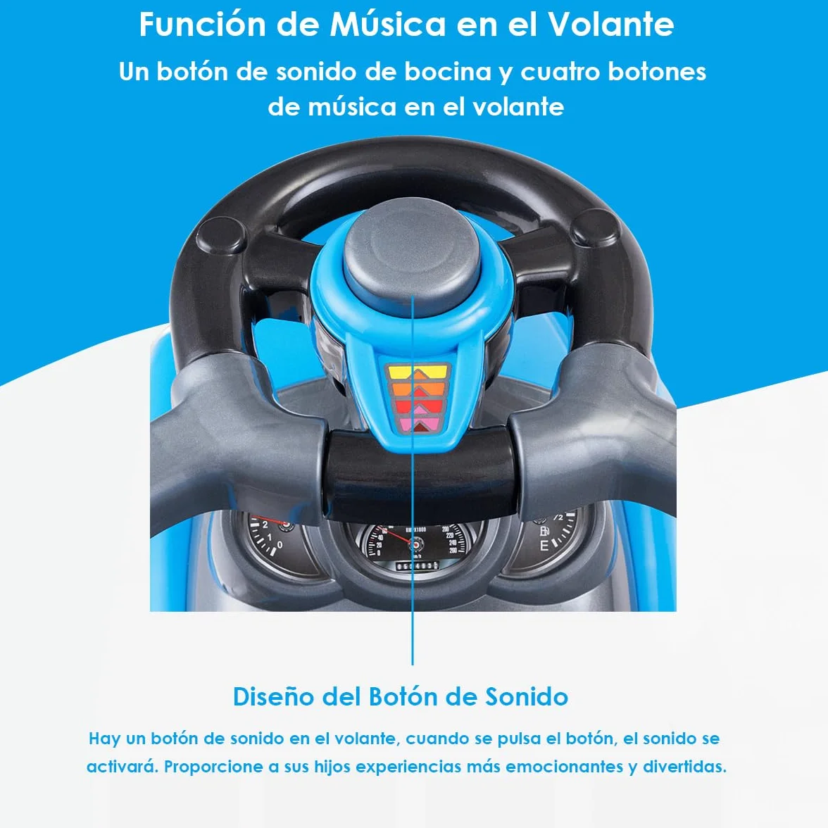 COSTWAY 3 en 1 Coche de Empuje Infantil, Coche para Niños de Pie con Barandillas Desmontables y Asa, Bocina, Espacio de Almacenamiento Oculto y Diseño Antivuelco para Niños de 2 a 6 Años (Azul)