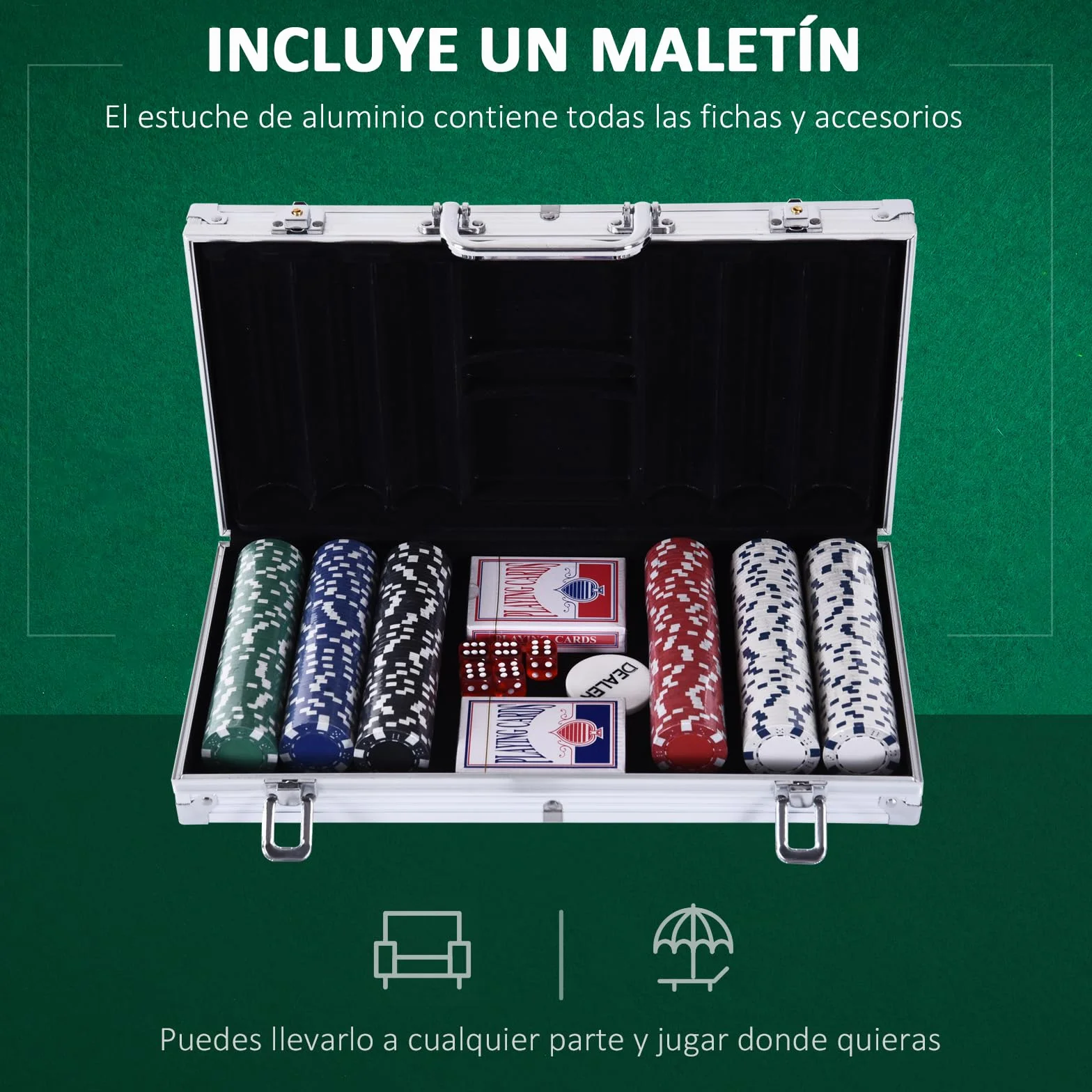 HOMCOM Maletín de Poker Profesional de Aluminio con 300 Fichas Juego Set de Poker Casino con 5 Dados 2 Barajas de Cartas y 1 Ficha de Crupier 38x20,5x6,5 cm Multicolor