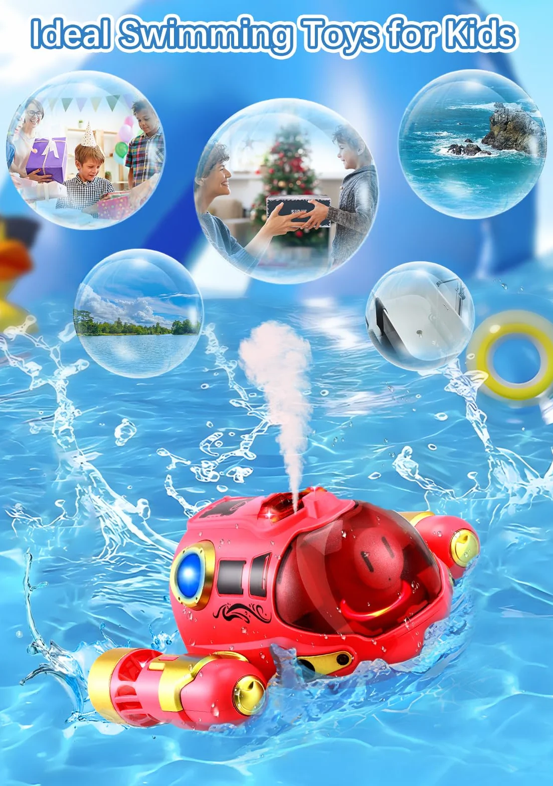 Barco Teledirigido Niños, Barco RC con Spray/luz de luz, Lancha Teledirigida con 2 Baterías Recargables, 2.4GHz RC Juguete Barco para Piscinas y Lagos, Regalo para niños y niñas