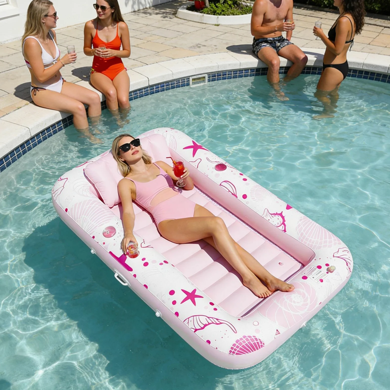 Tumbona de piscina bronceada – Tumbona hinchable con función de soporte para bebidas, colchón flotante para el tiempo libre | Relajantes asientos de agua al aire libre para adultos, familias, resort