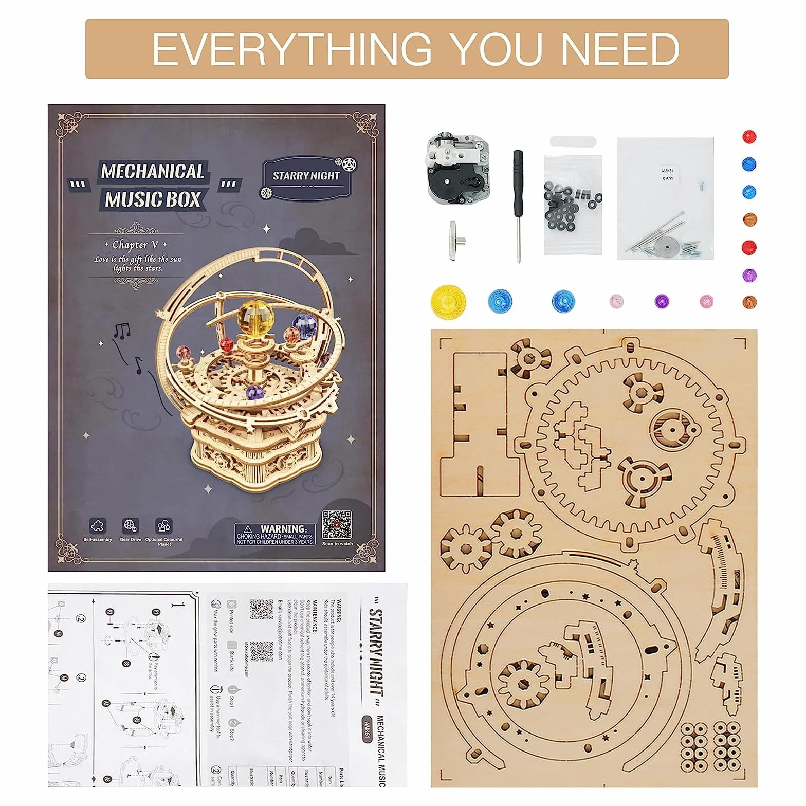 Robotime Puzzle 3D Madera Maquetas Caja De Música Mecánica De Astronomía Laser Cut Puzzle Construcciones, Regalo para Jóvenes y Adultos