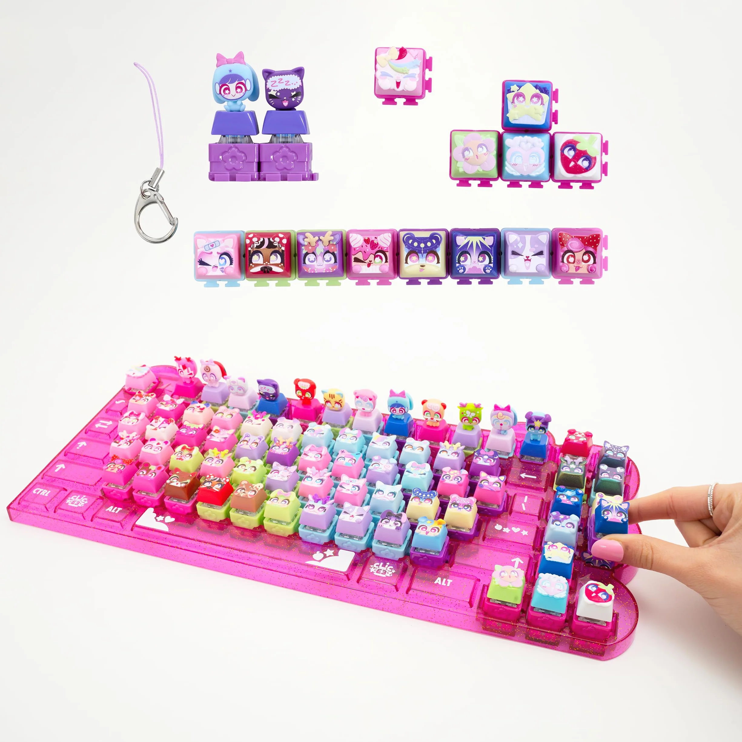 Goliath - CLICKEEZ Keyboard MegaPack - 1 Teclado + 15 Teclas Keycaps Kawaii para Hacer Clic + 1 Llavero - Keycaps para Encajar - 70 Personajes - Juguete Fidget ASMR - Idea de Regalo Desde los 6 años