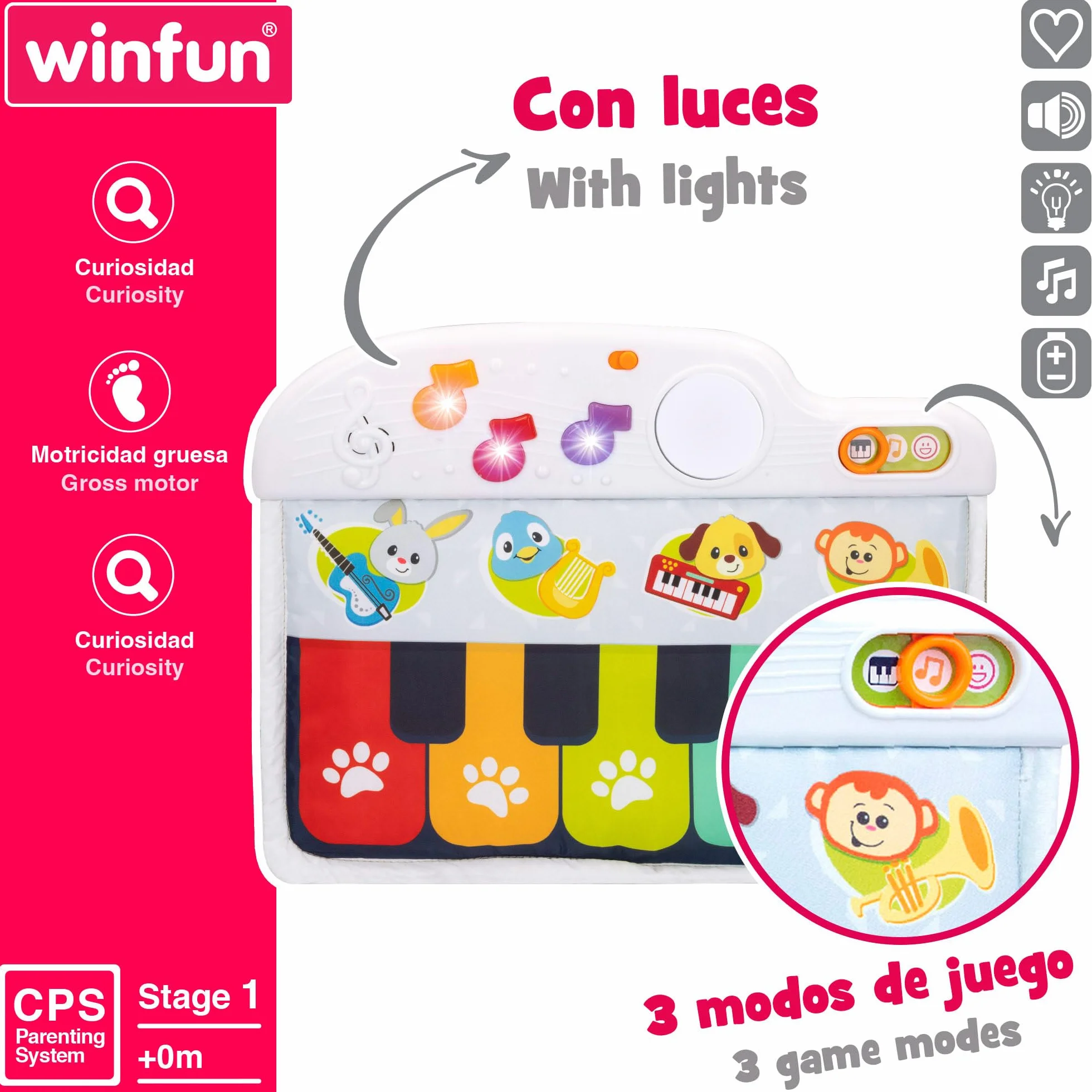 Winfun 46878 - Piano para bebés con luz y melodías para la cuna / Mi primer piano, juguete para bebes a partir de 0+, se toca con pataditas / Regalo bebé, Instrumentos musicales bebe