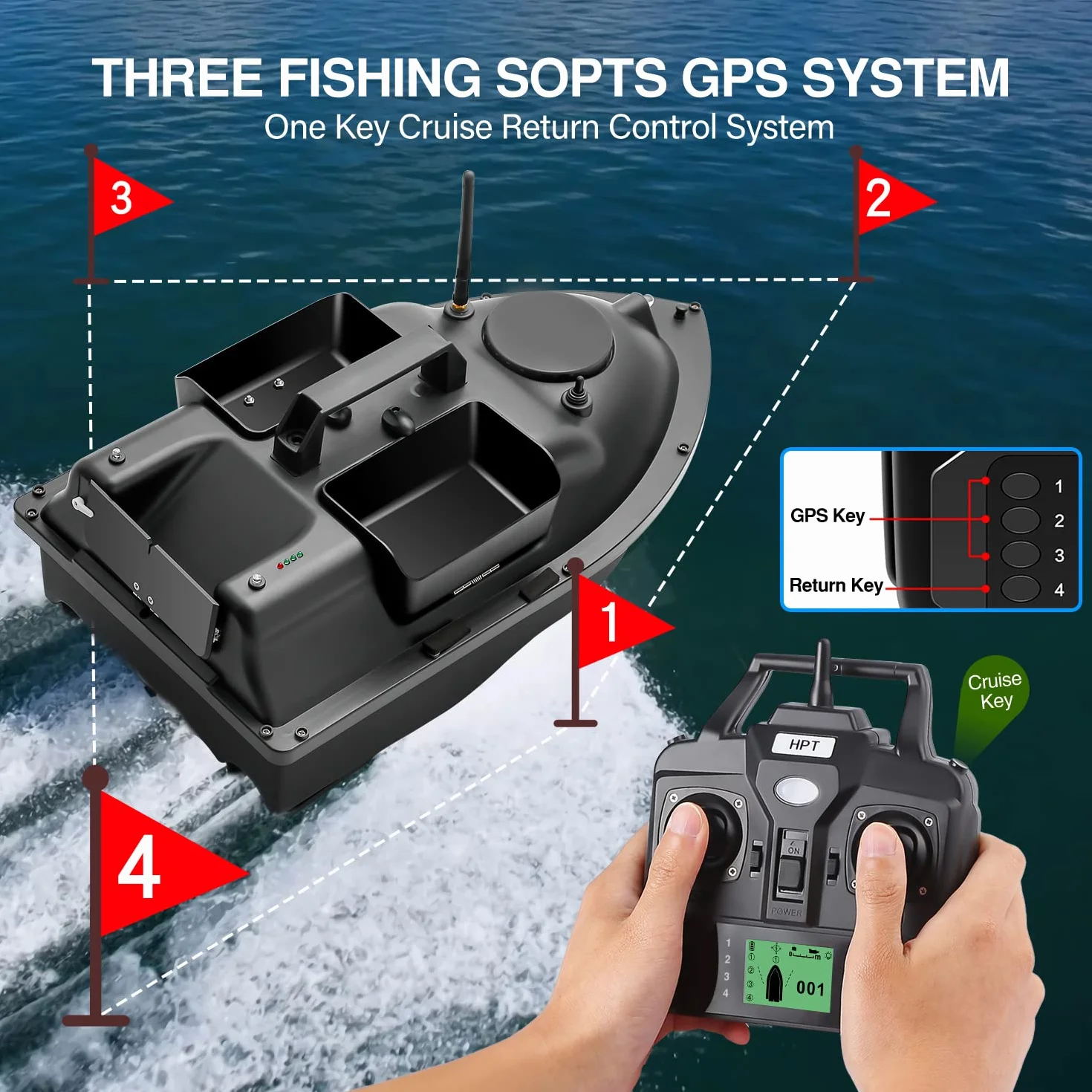 500M GPS Fishing Bait Boat with 3 Catapult Type Bait Hoppers Carp Fishing Bait Boat Carp Hook Post Boat,Fish Finder with Sonar Sensor,Handbag