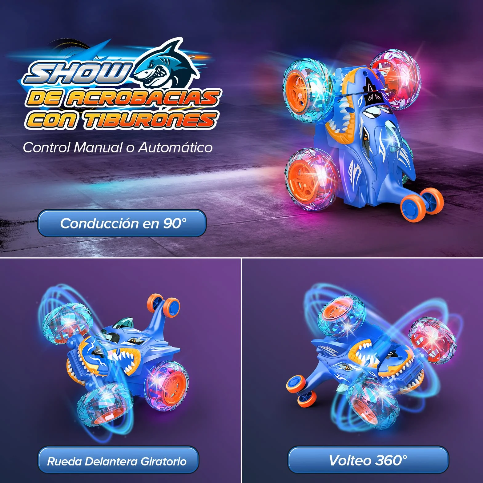 Coche Teledirigido 2.4GHz 4WD LED Monster Truck, Juguetes para Niños Azul