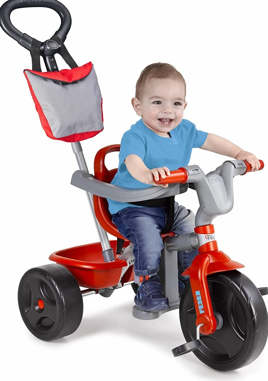 FEBER - EVO Trike Plus, Triciclo para Niños con Estructura Metálica y Cinturón de Seguridad, 2 Posiciones, Silla de Empuje y Mando para Música con Altavoz, 9 Meses+, Azul, Famosa (800010946)